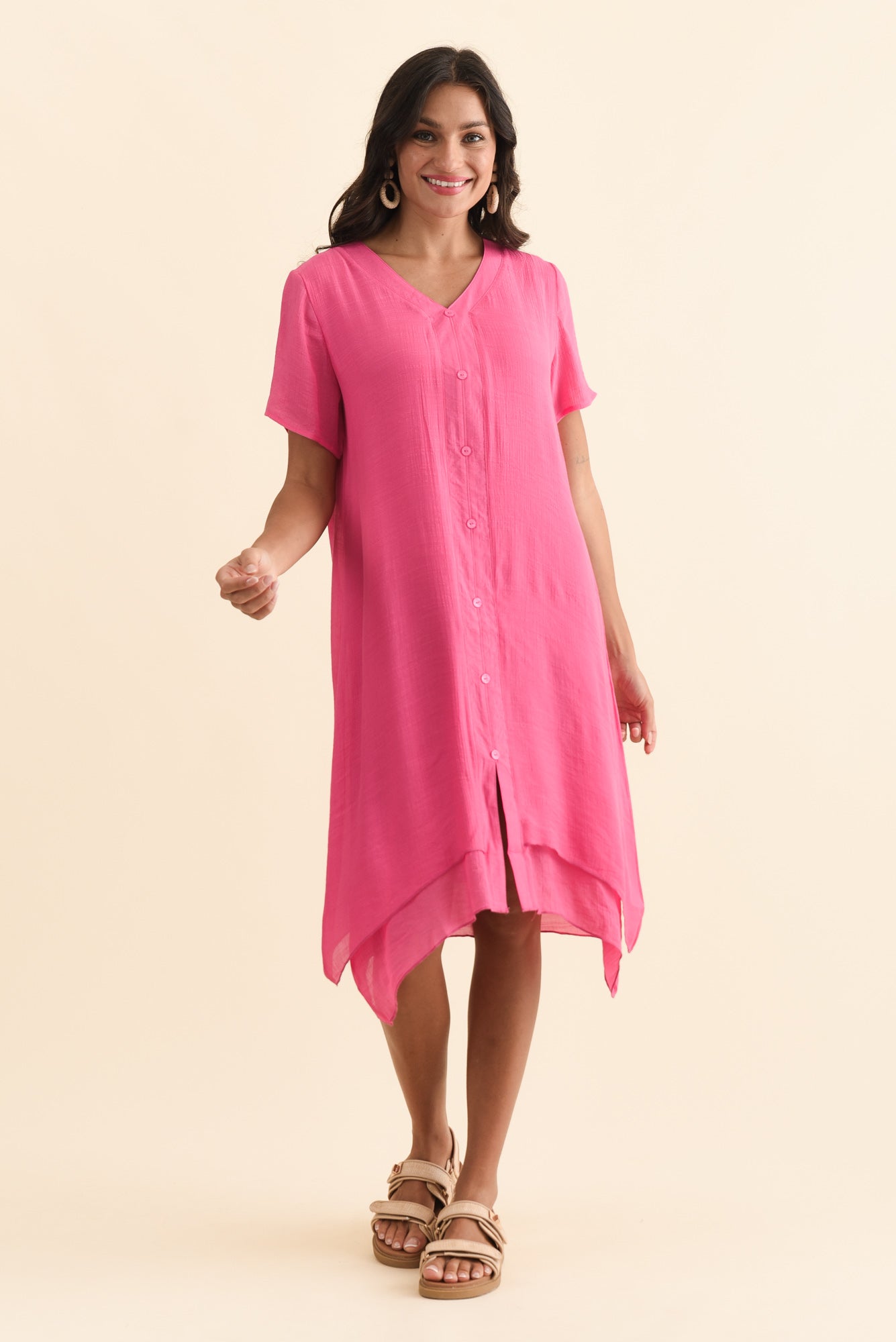 Adelaide Pink Layered Button Dress Full Length View