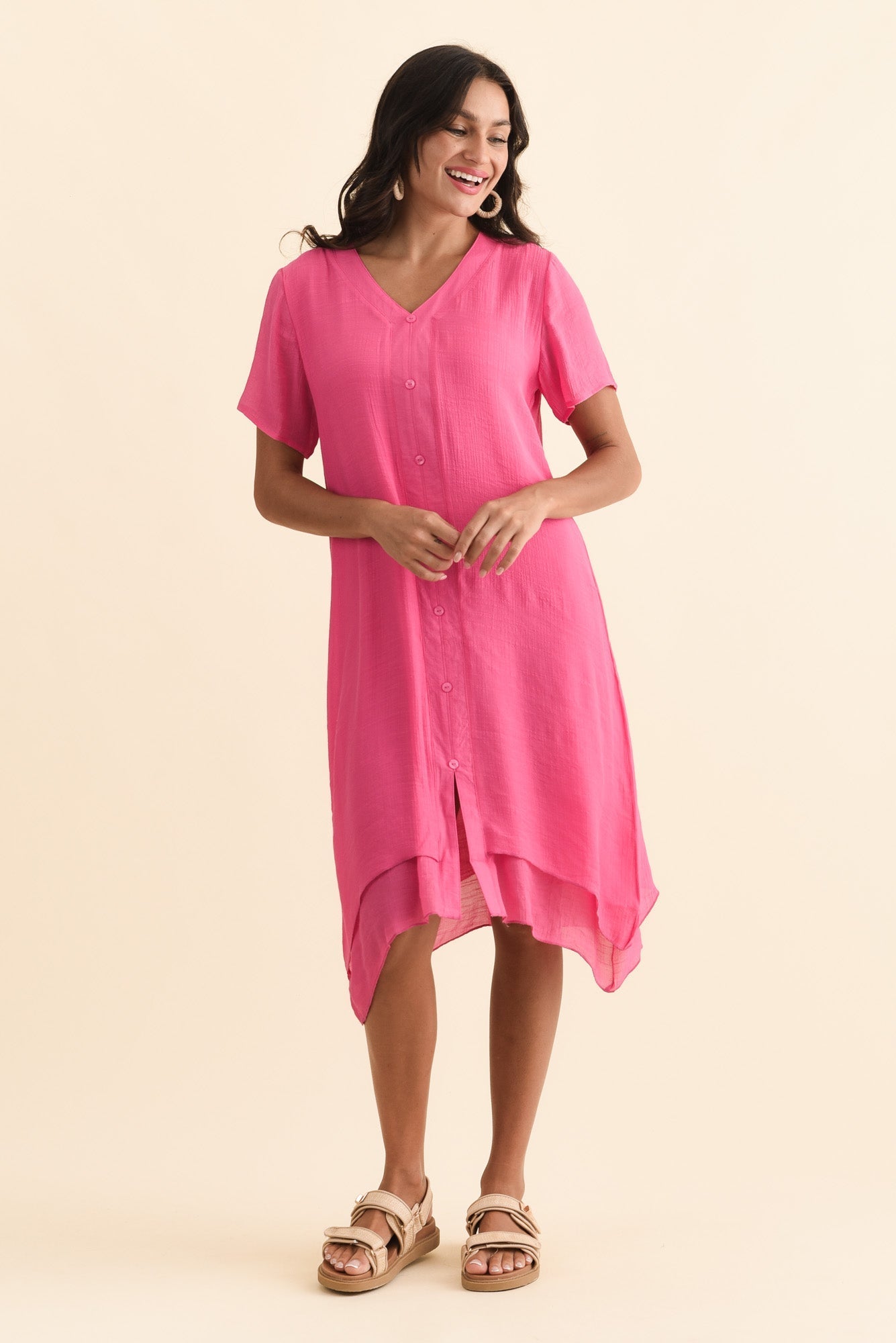 Adelaide Pink Layered Button Dress Front View