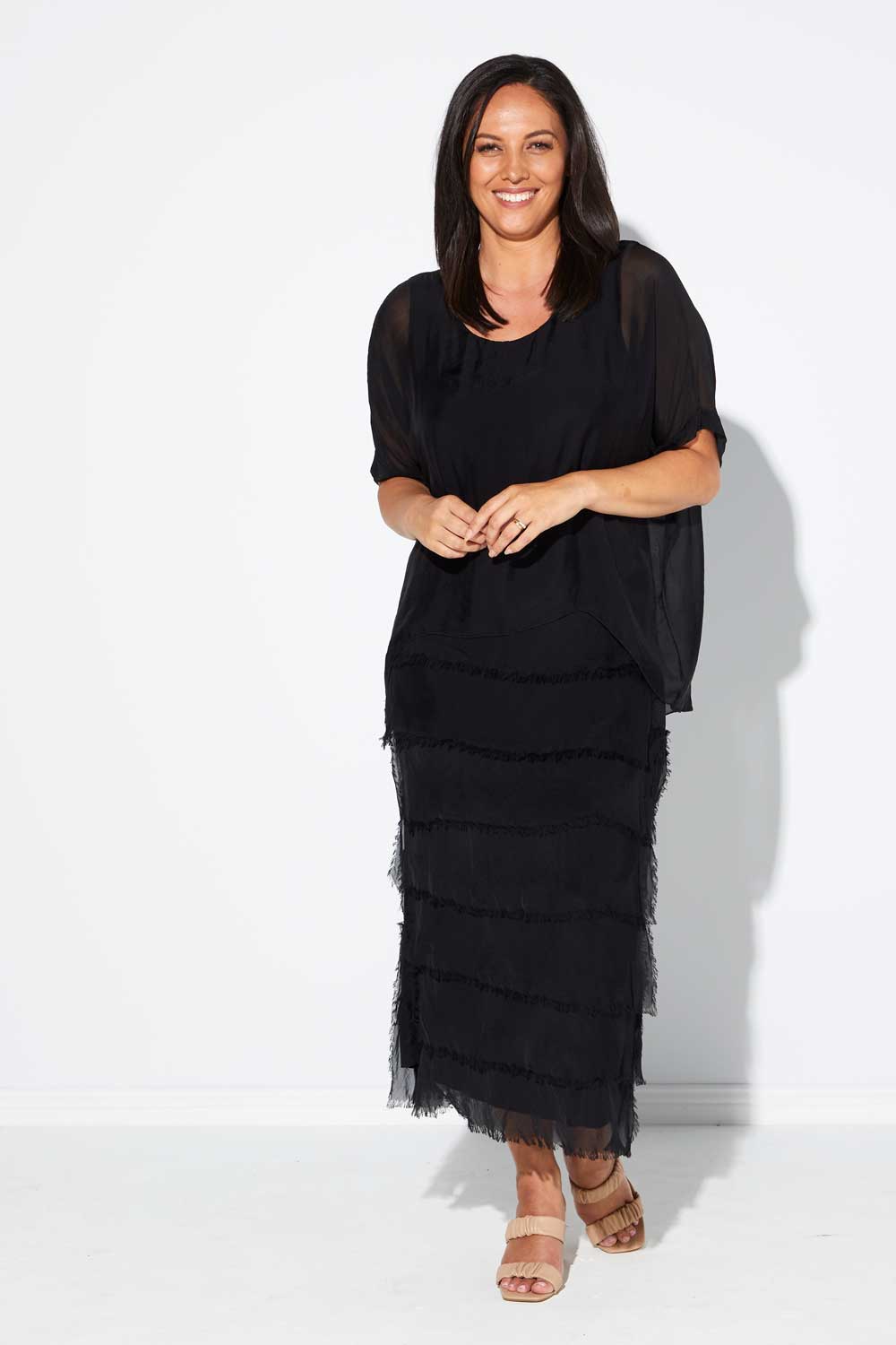 Women's Margo silk blend layered midi dress in Black
