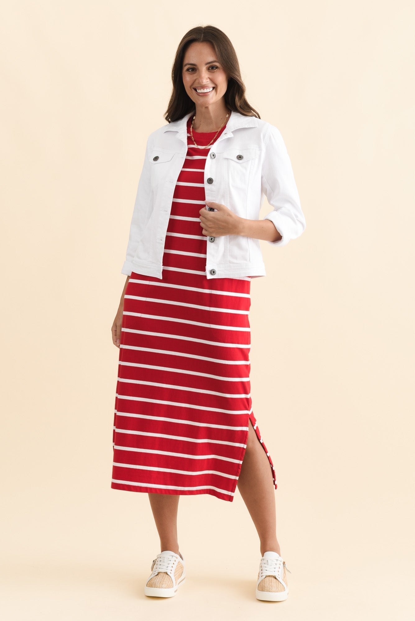 Annaleigh Crimson Stripe Pocket Dress Front View 2