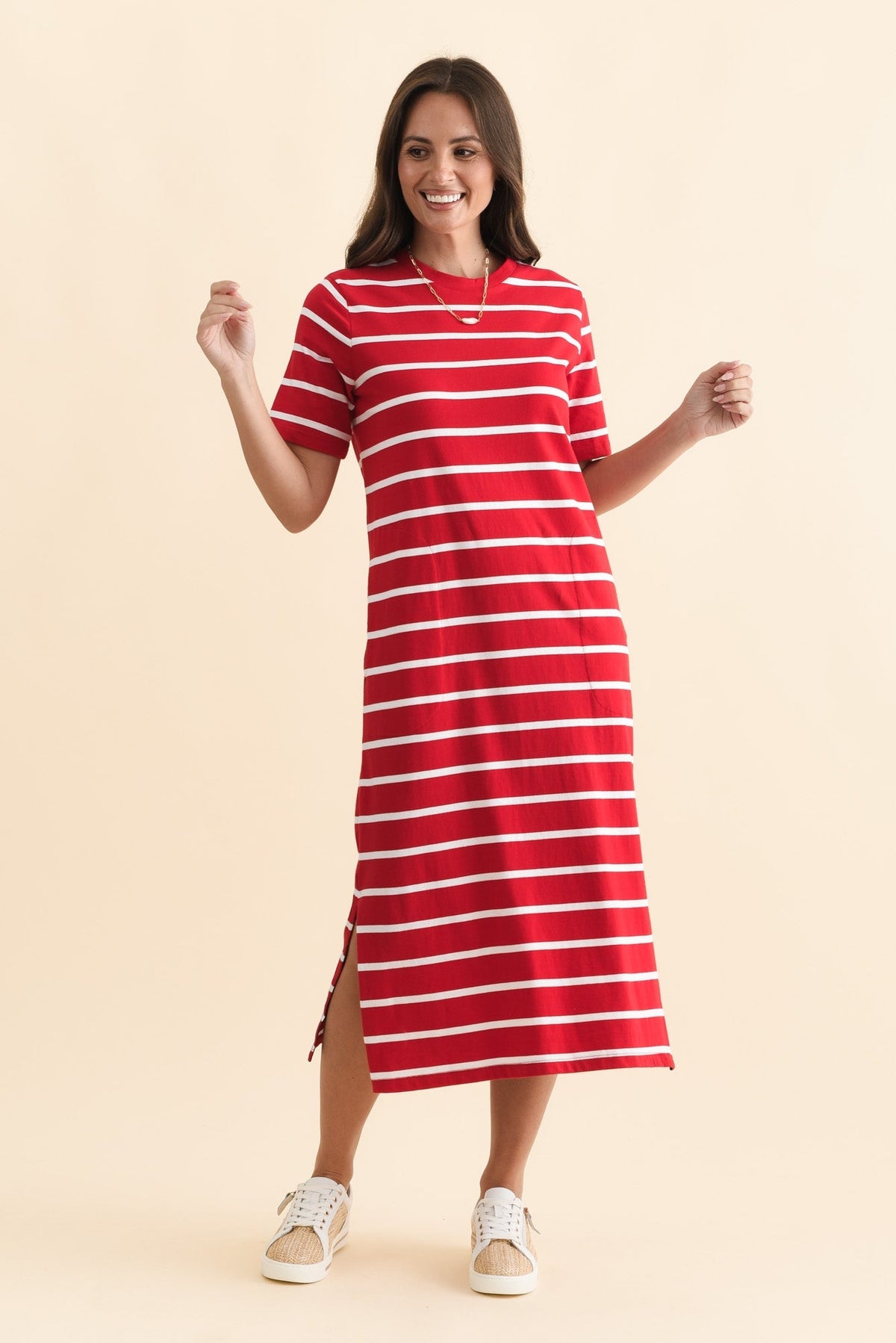 Annaleigh Crimson Stripe Pocket Dress Full Length View