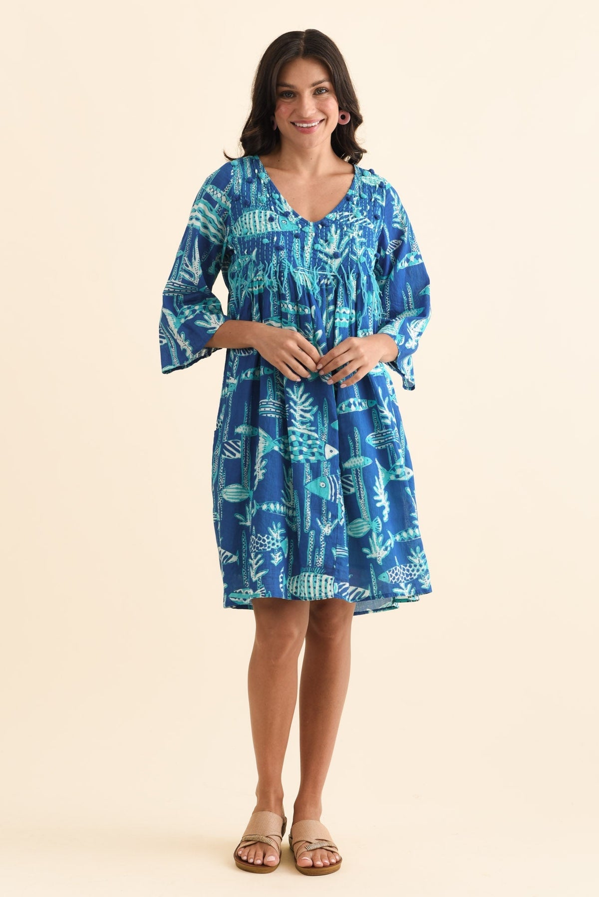 Ava Cobalt Sea Cotton Pocket Dress Full Length View