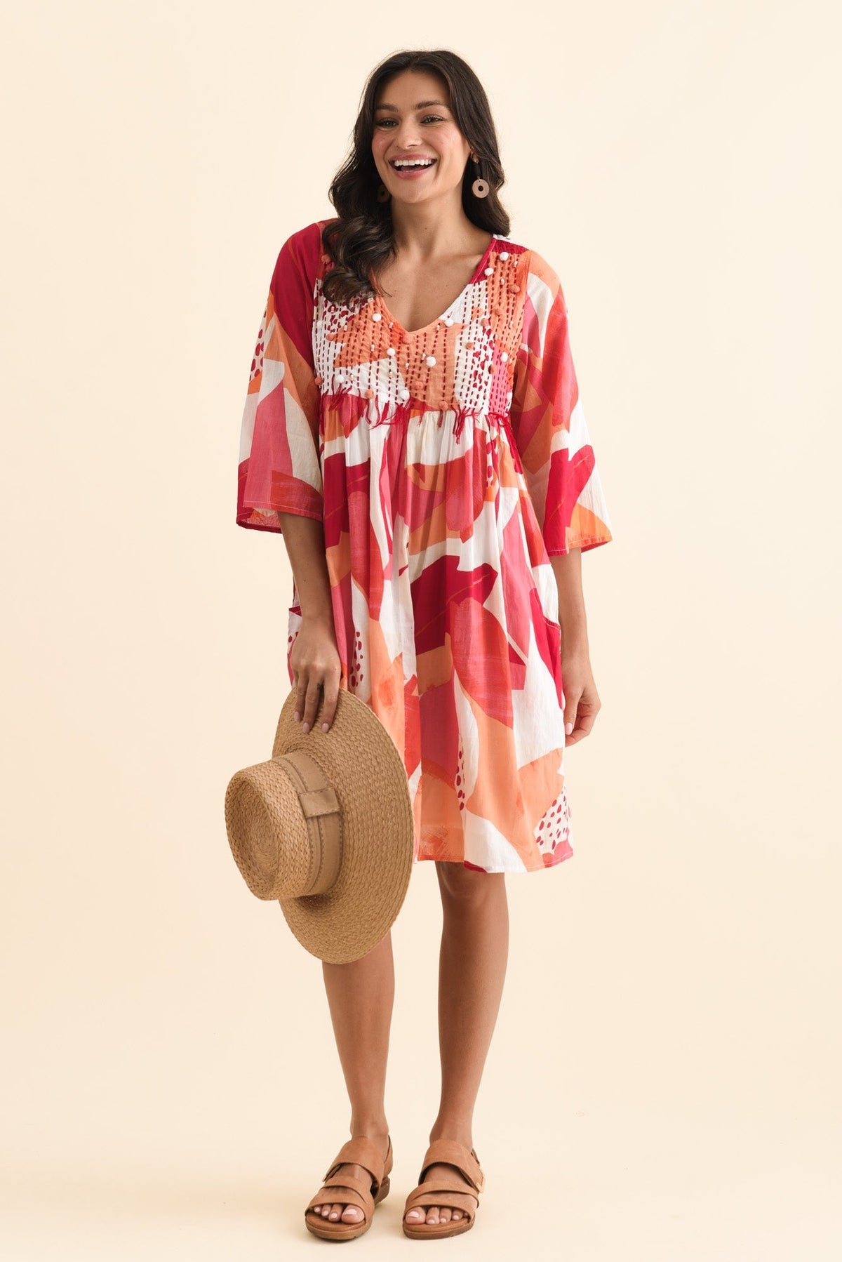 Ava Pink Abstract Cotton Pocket Dress Front View 2
