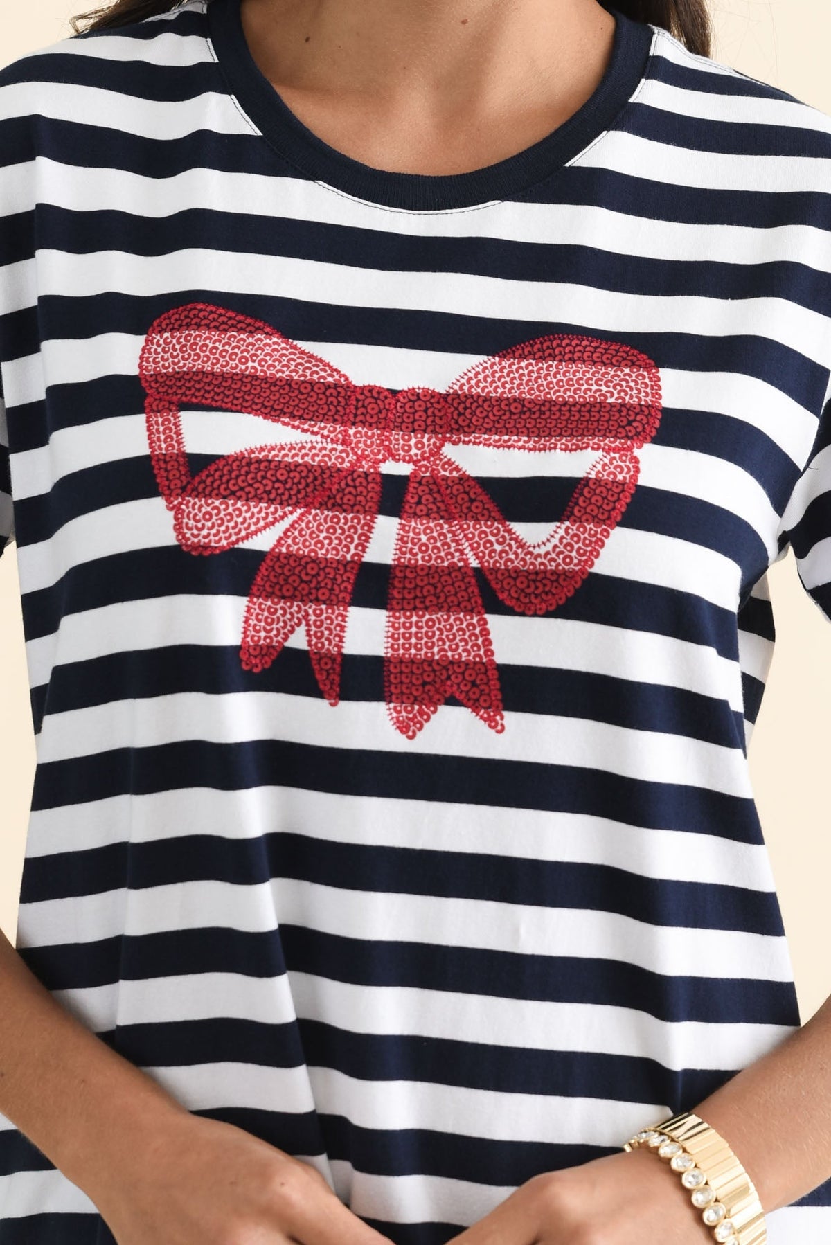 Aya Navy Stripe Bow Cotton Dress Full Length View