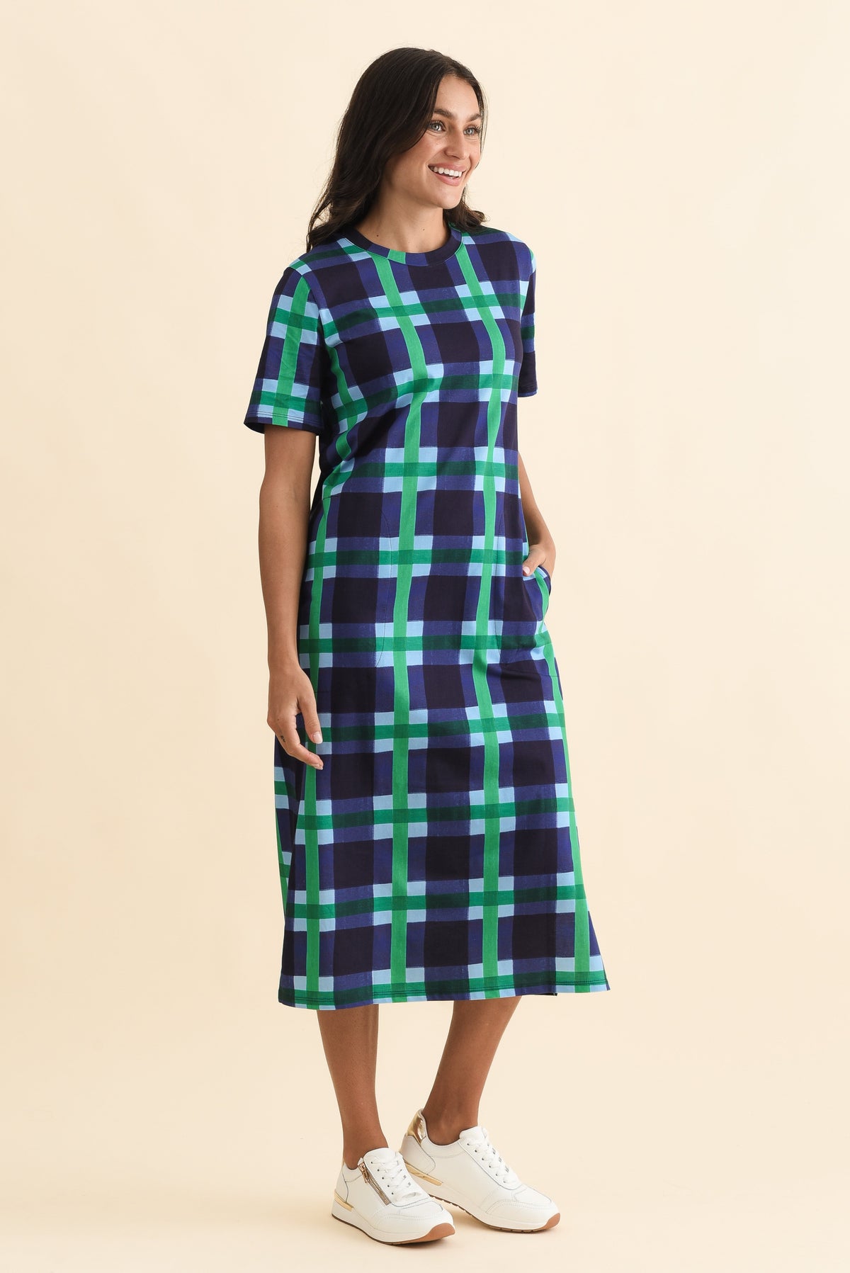 Bari Navy Check Cotton Tee Dress Back View