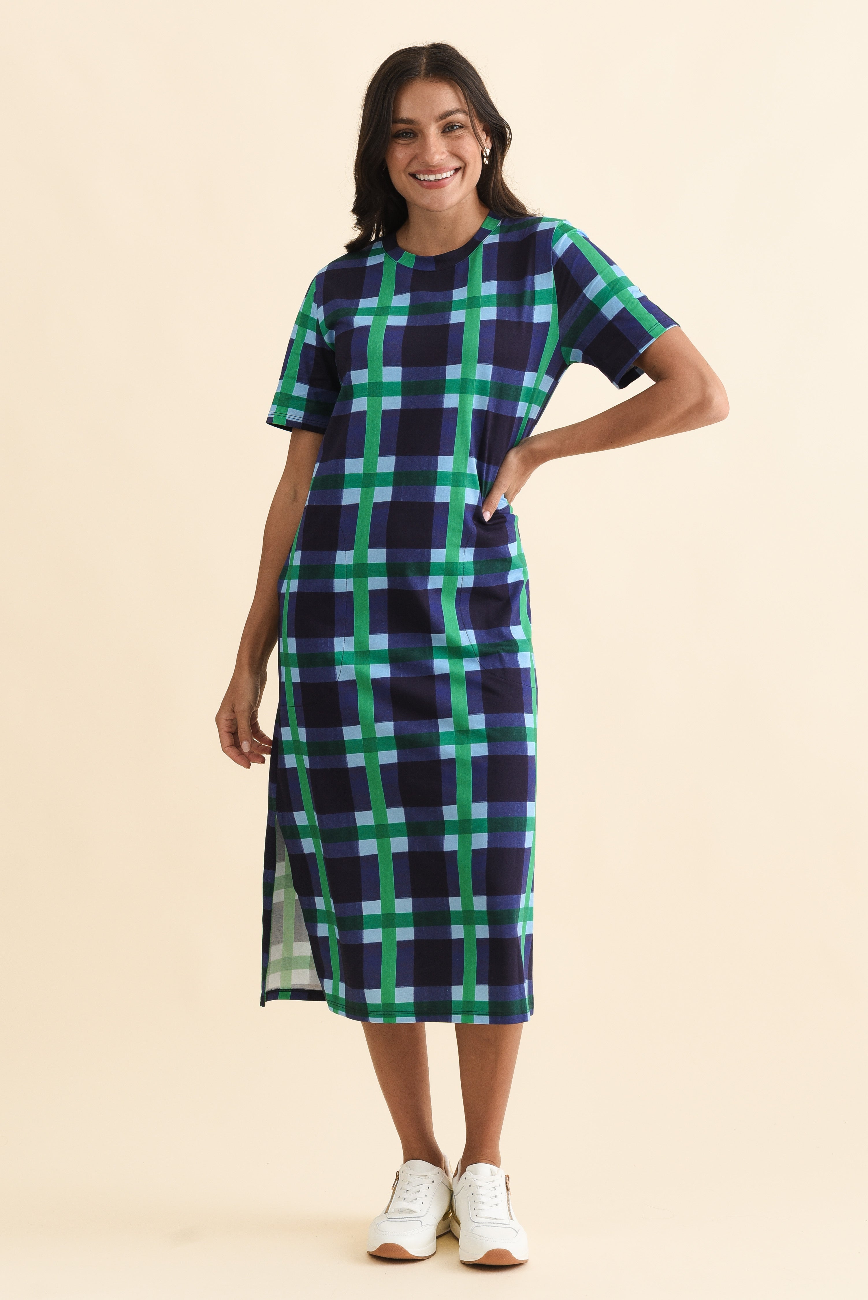 Bari Navy Check Cotton Tee Dress Front View