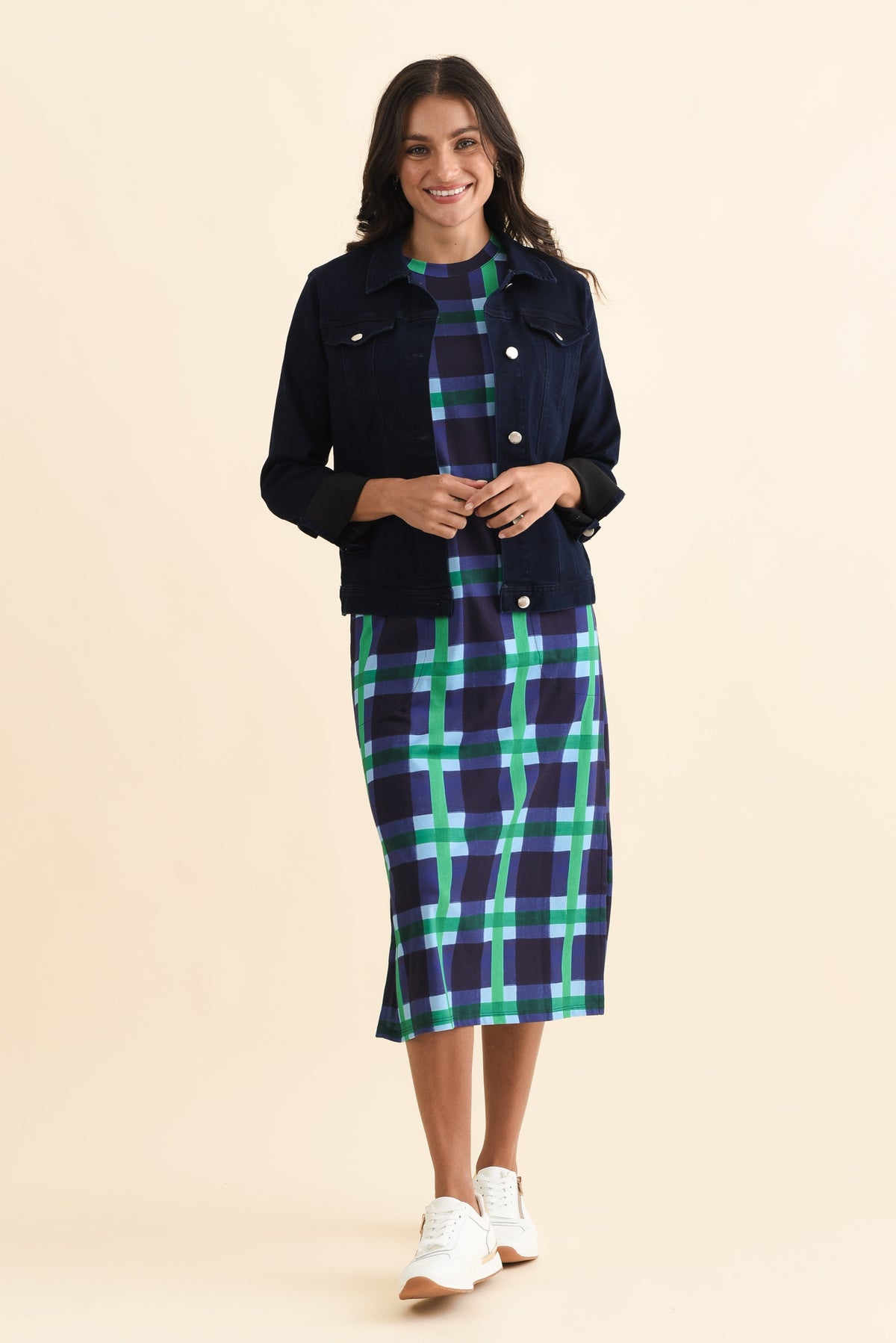 Bari Navy Check Cotton Tee Dress Front View 2