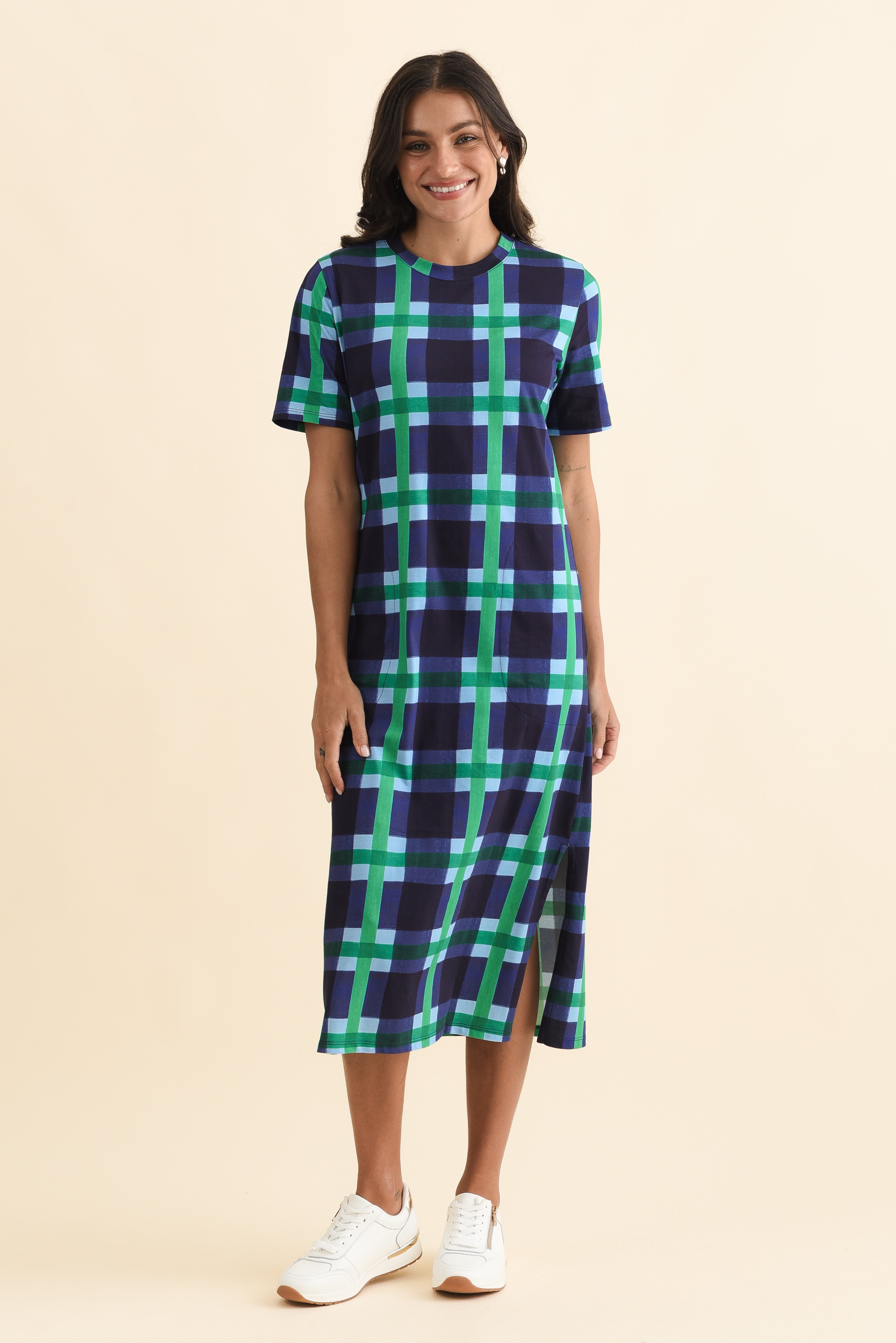 Bari Navy Check Cotton Tee Dress Full Length View