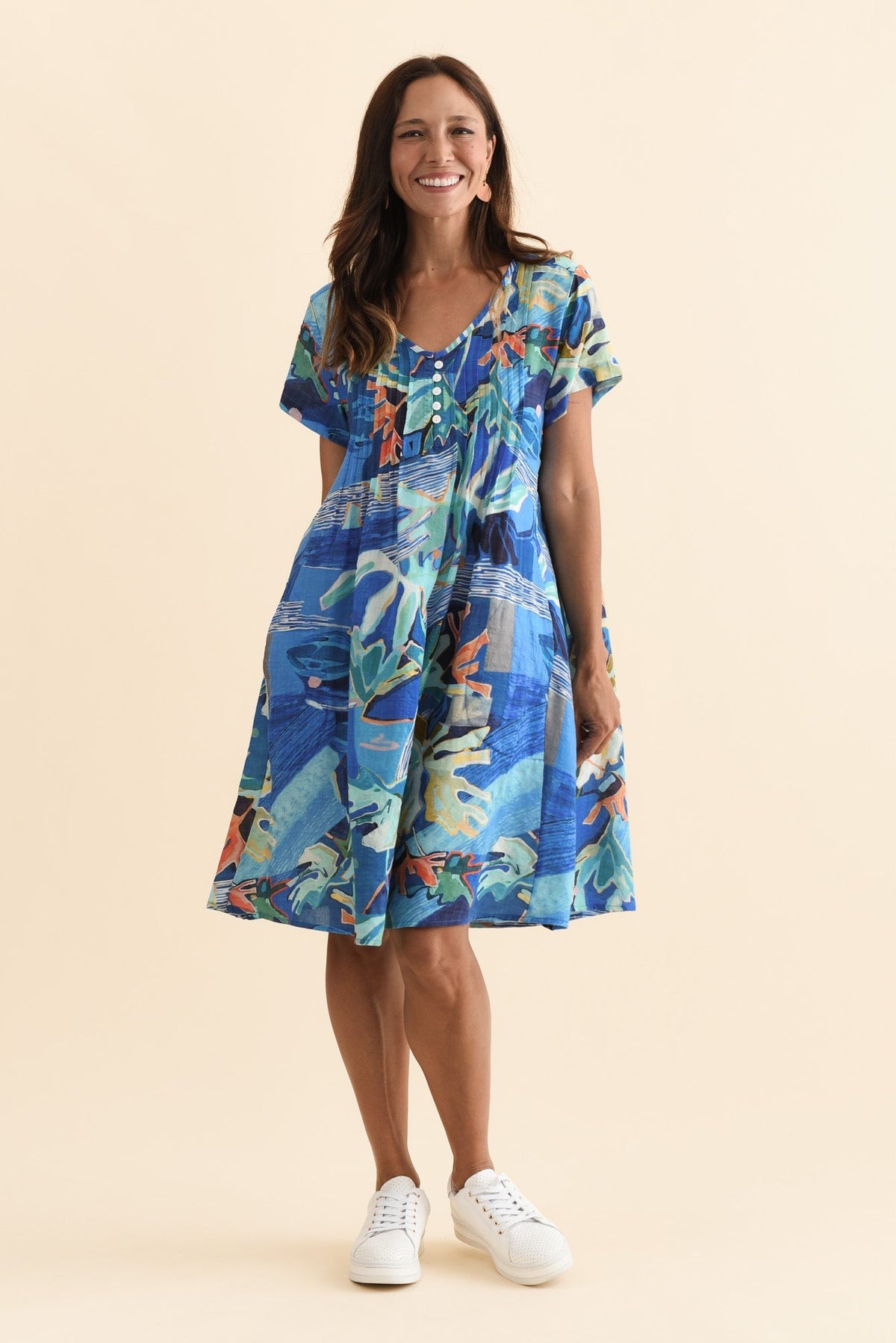 Barry Blue Coastal Cotton Button Dress Front View
