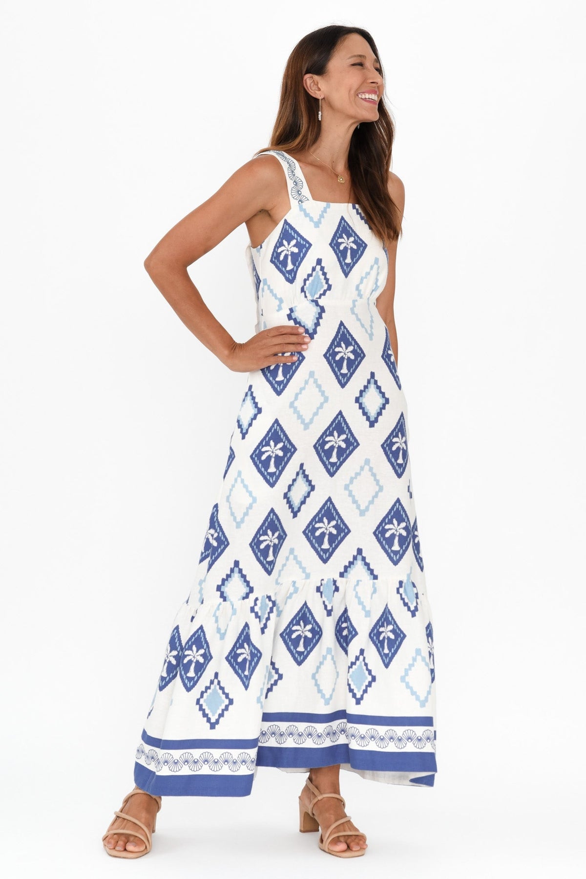 Bateau Blue Palm Linen Dress Full Length View