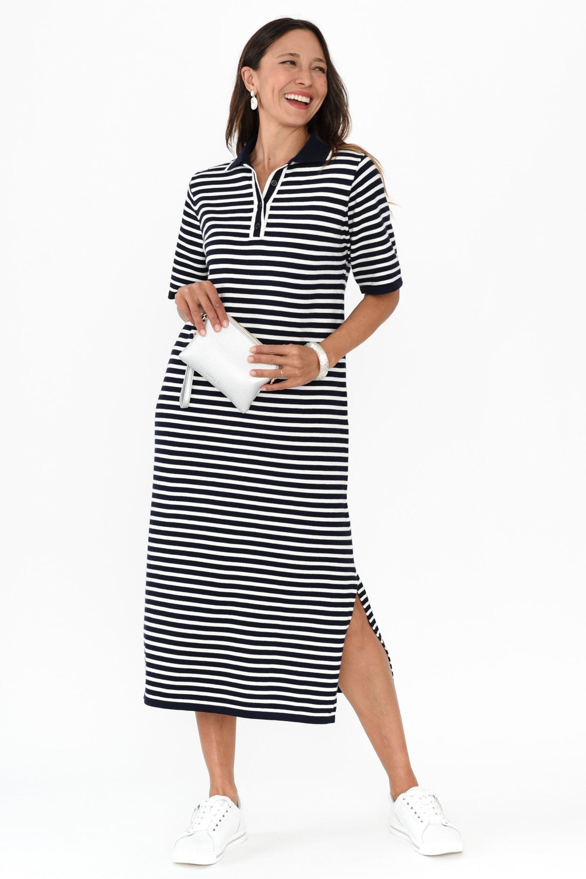 Benji Navy Stripe Cotton Tee Dress Front View 2