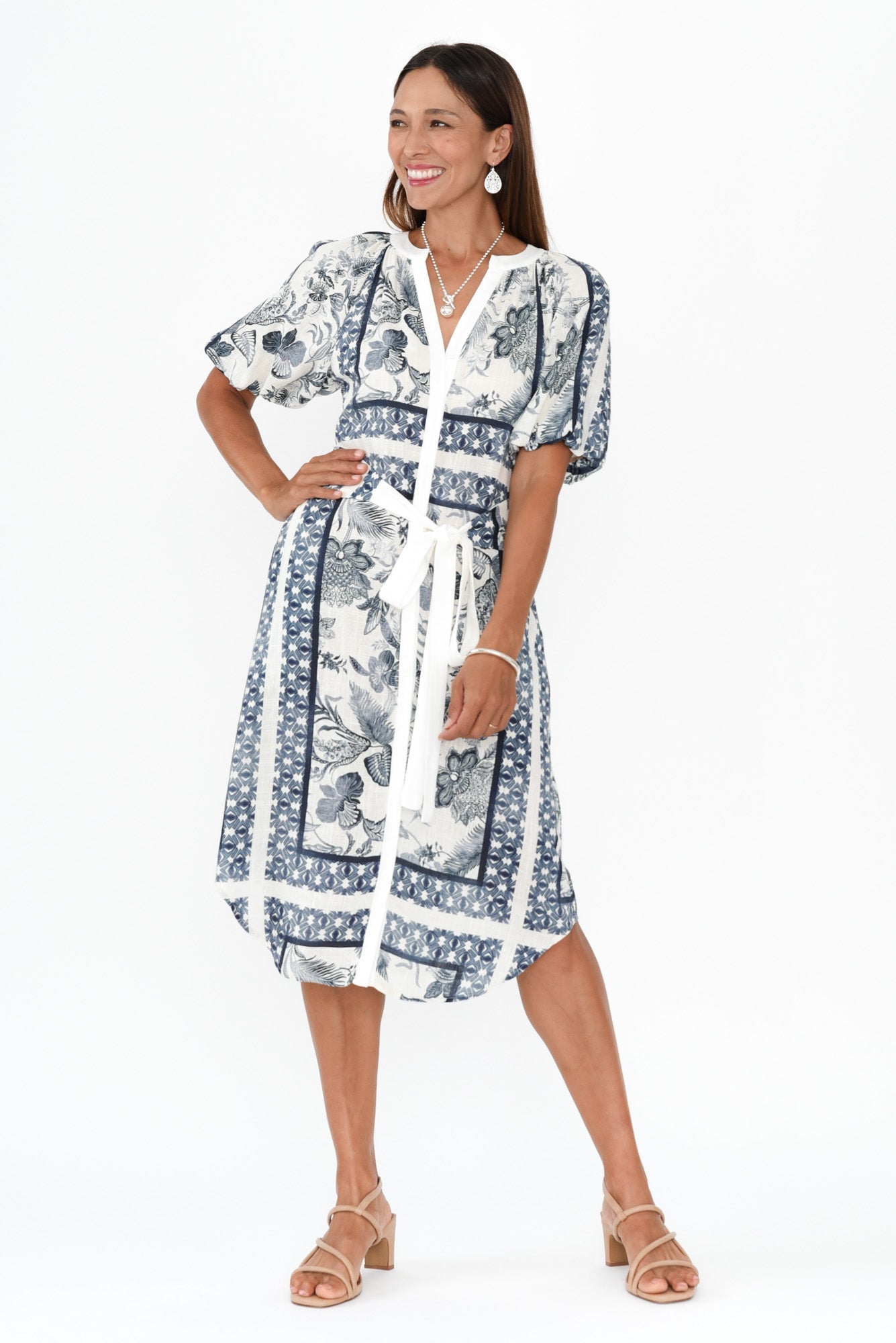 Bijou Ink Floral Linen Blend Dress Front View 2