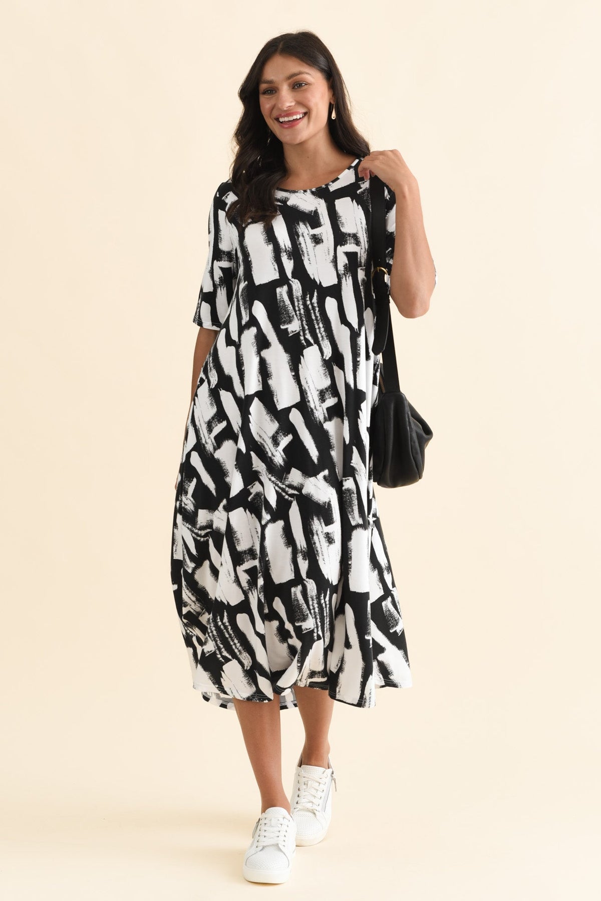 Black Brush Stroke Micro Modal Tri Drape Dress Front View 2