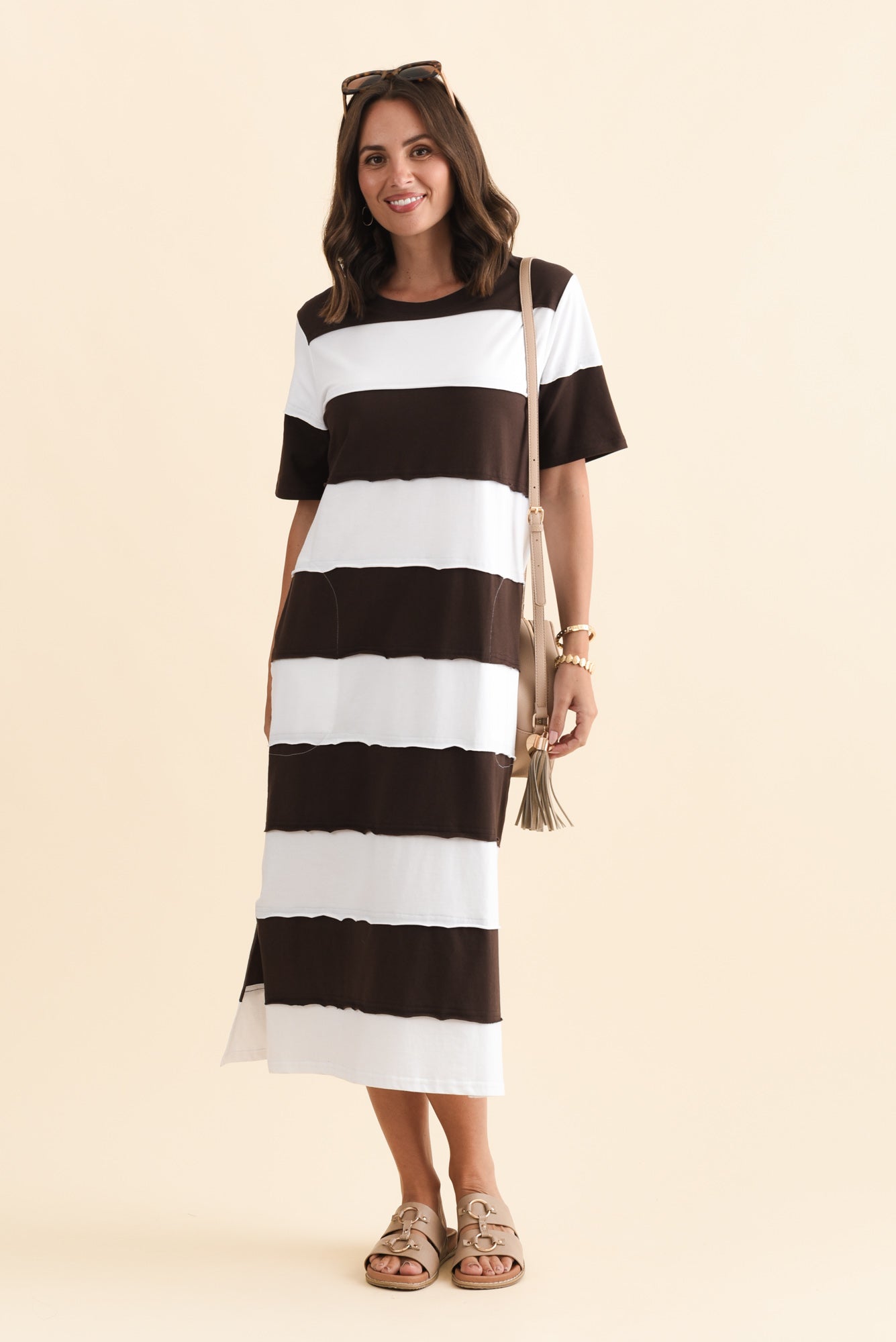 Bold Dark Brown Stripe Cotton Tee Dress Front View 2