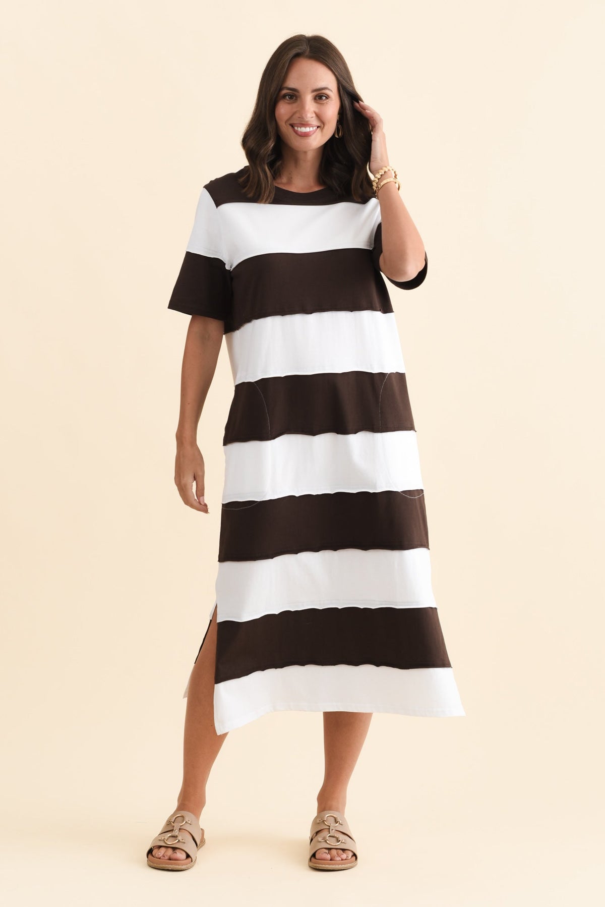 Bold Dark Brown Stripe Cotton Tee Dress Full Length View