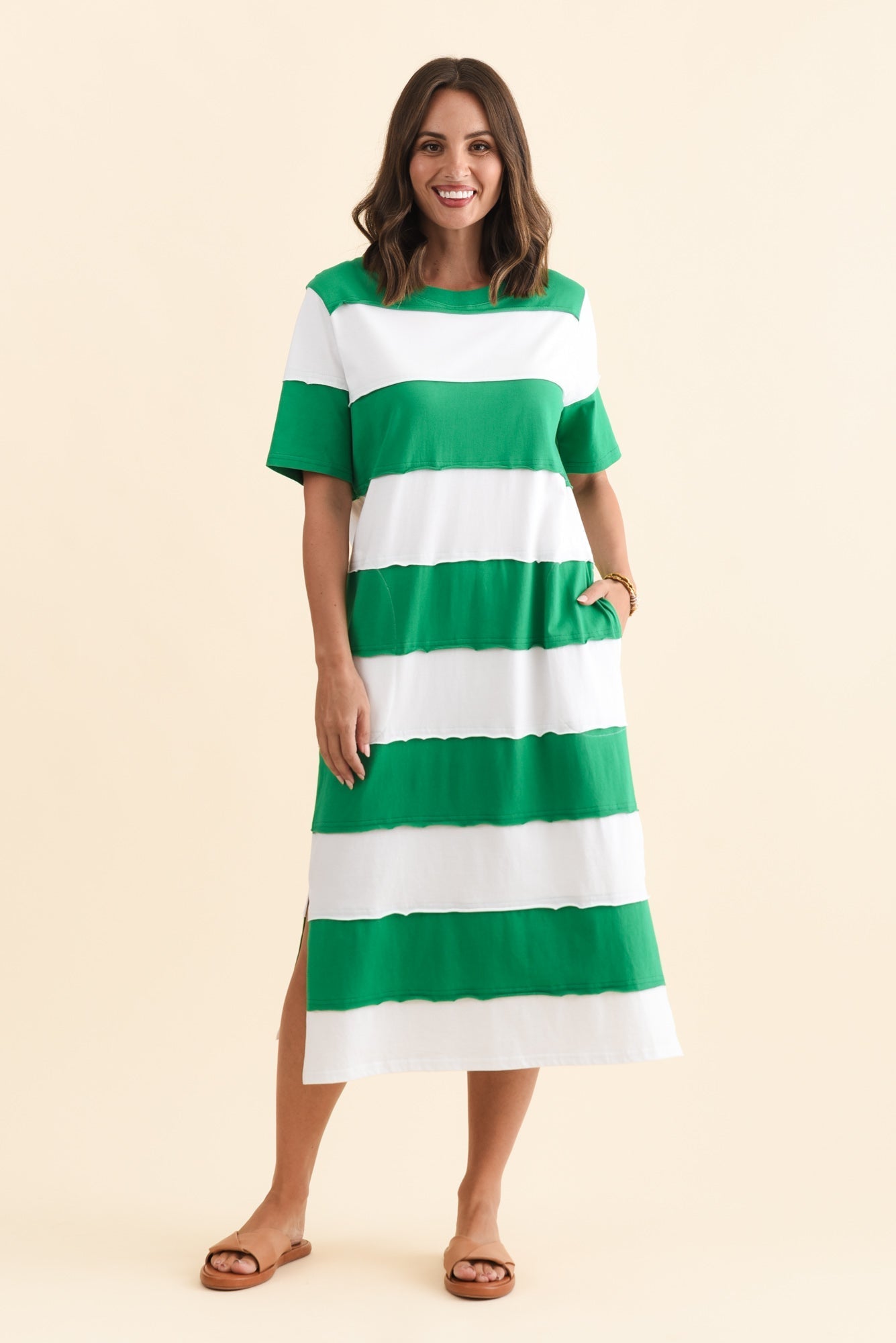 Bold Green Stripe Cotton Tee Dress Front View