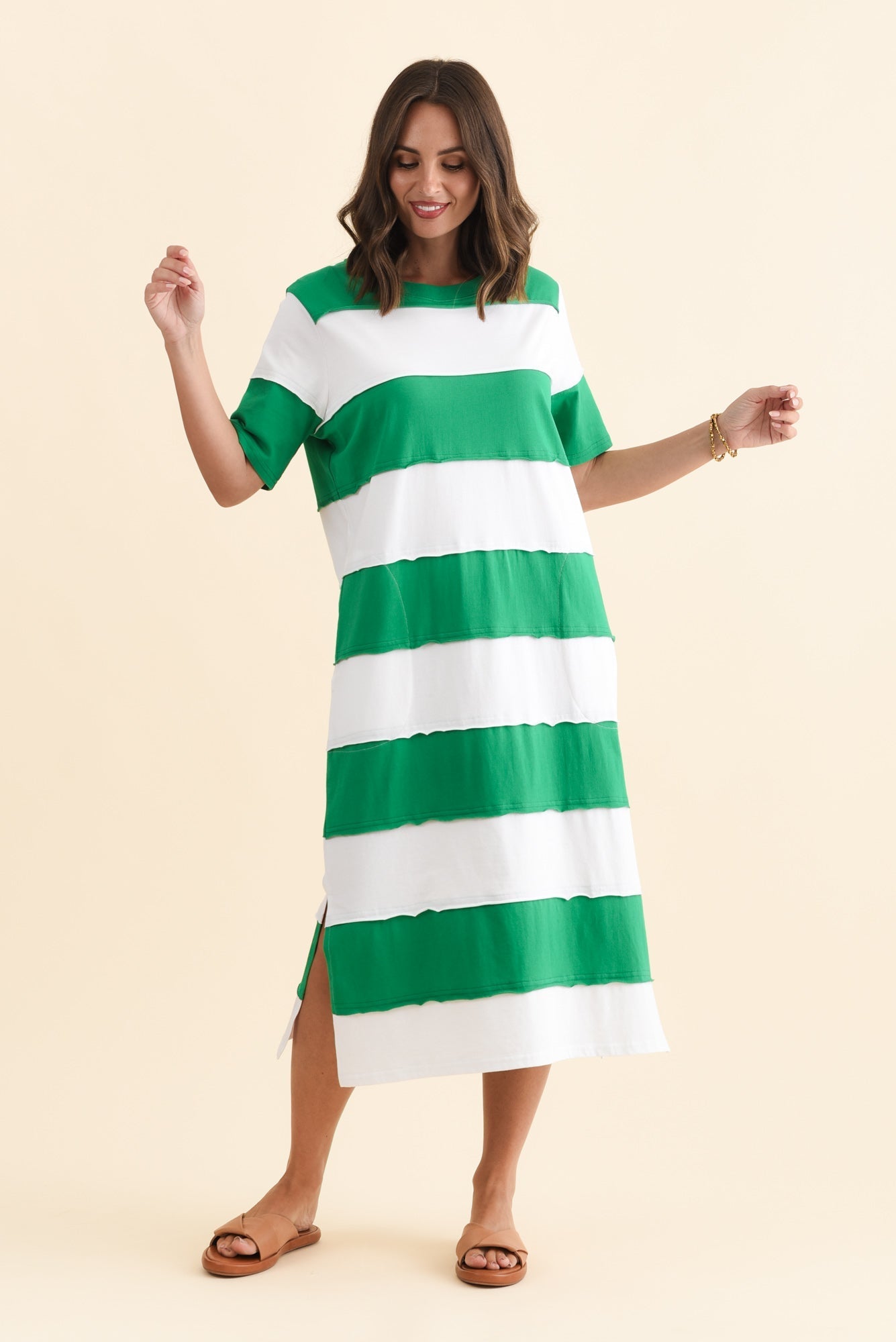 Bold Green Stripe Cotton Tee Dress Full Length View