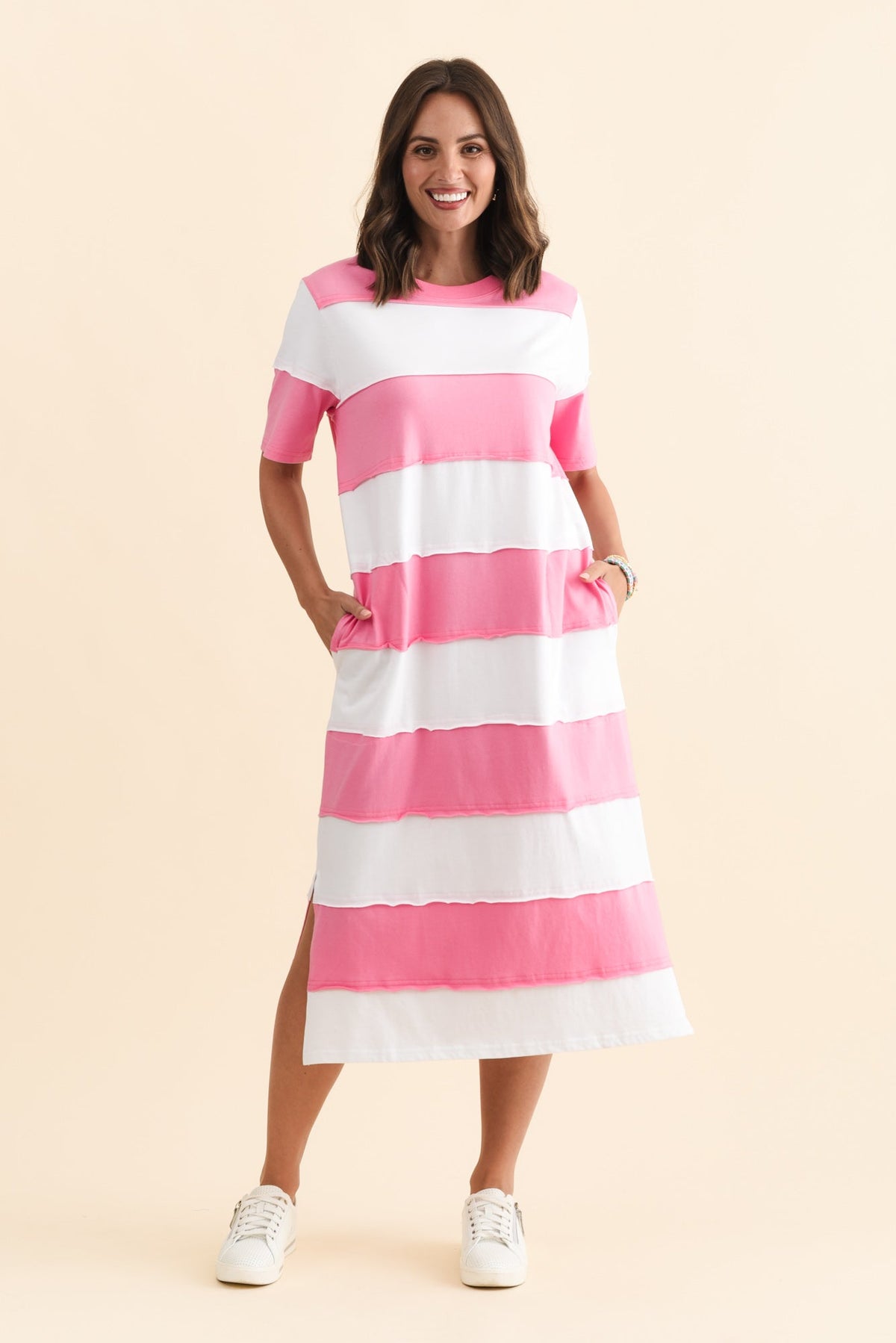 Bold Pink Stripe Cotton Tee Dress Front View
