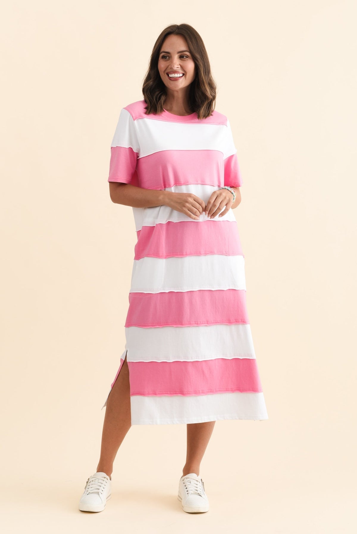 Bold Pink Stripe Cotton Tee Dress Full Length View