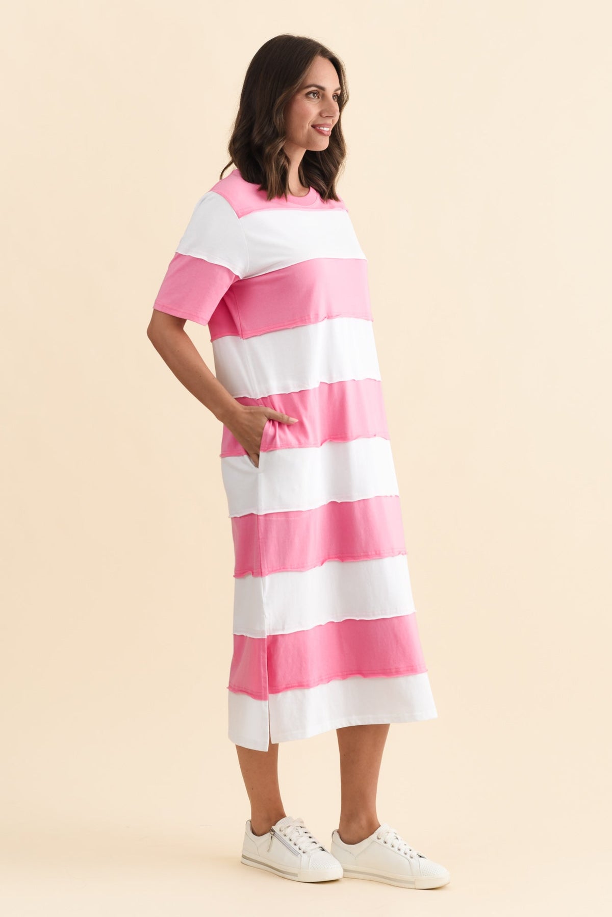 Bold Pink Stripe Cotton Tee Dress Back View
