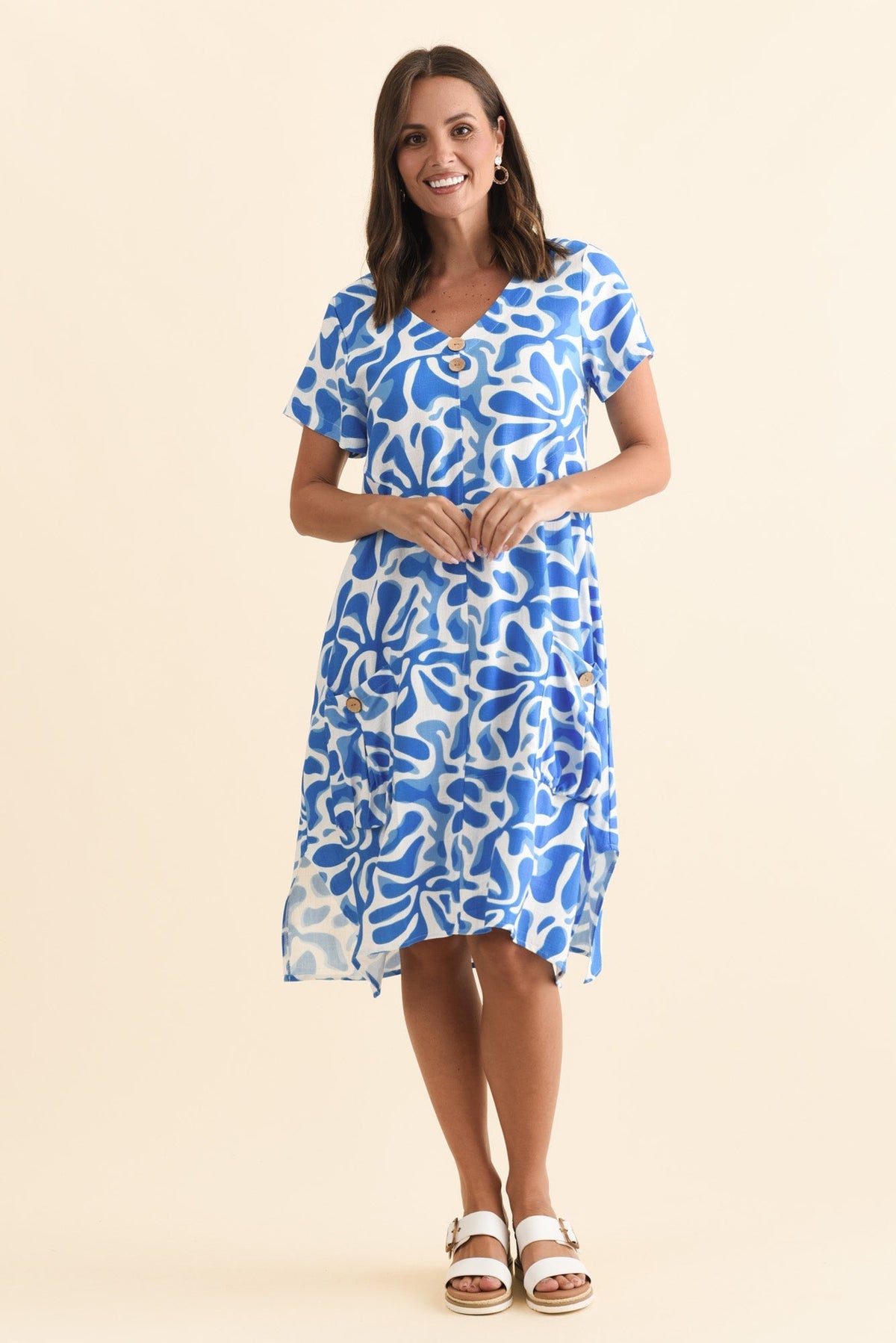 Bryant Blue Splash Linen Cotton Dress Front View