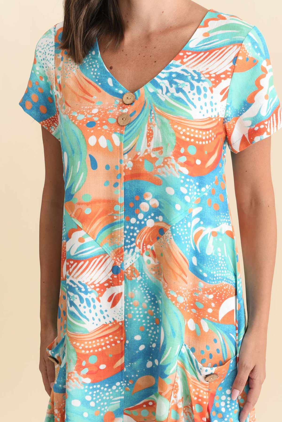 Bryant Orange Swirl Linen Cotton Dress Detail View