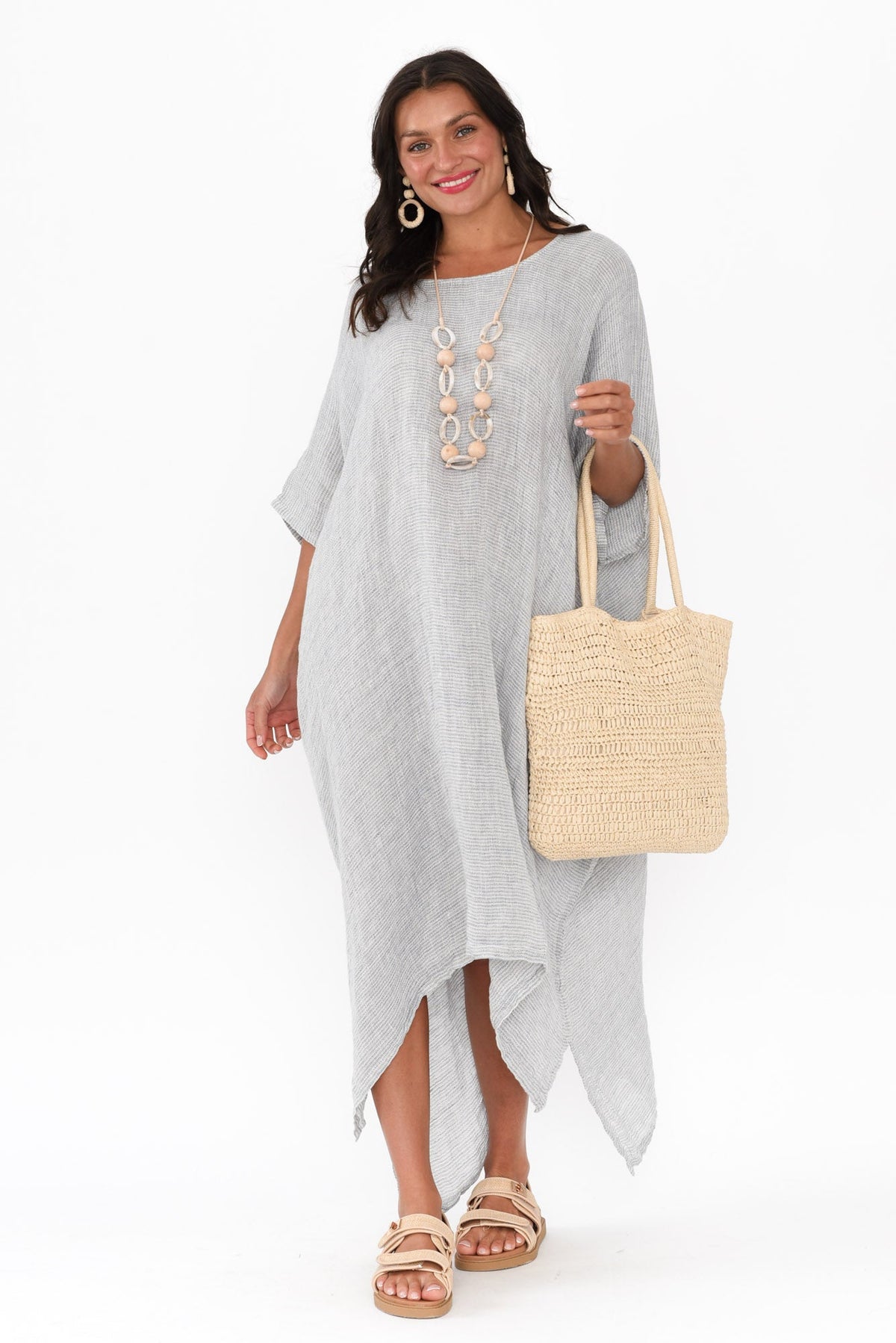 Buffy Light Blue Stripe Linen Kaftan Front View