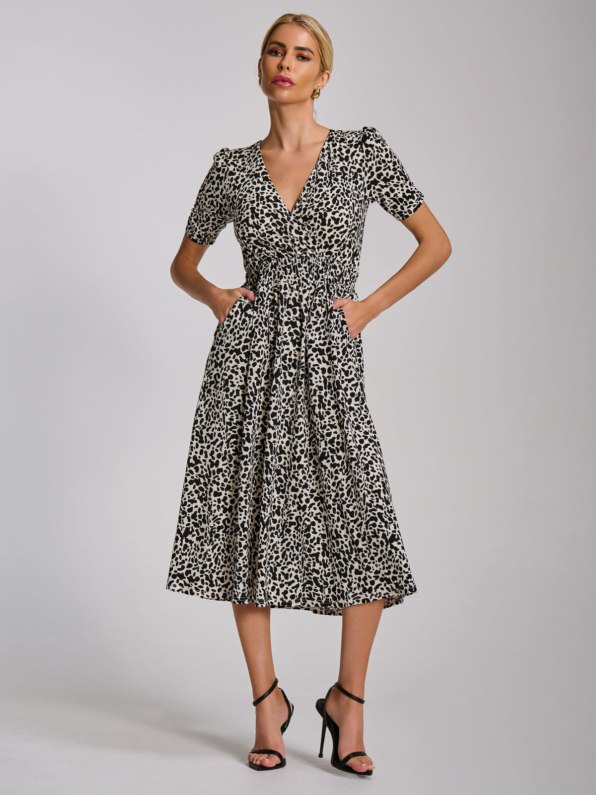 Short Sleeve Printed Jersey Midi Dress WHITE ANIMAL Full Length View