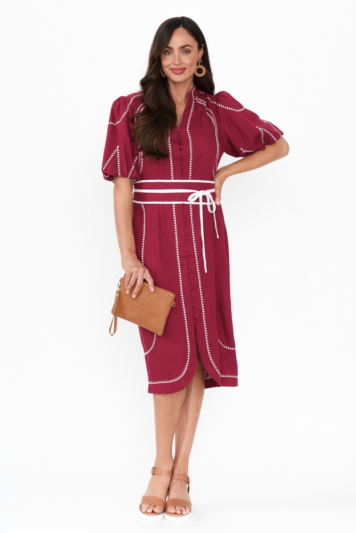 Carlyle Crimson Embroidered Linen Blend Dress Side View 2
