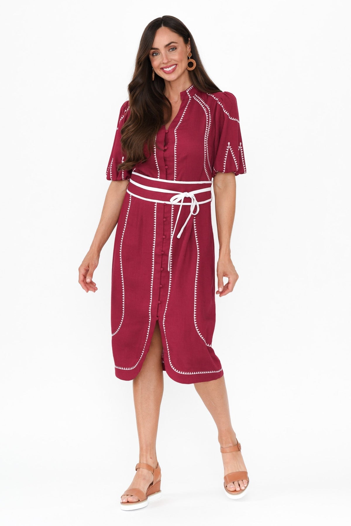 Carlyle Crimson Embroidered Linen Blend Dress Back View 2