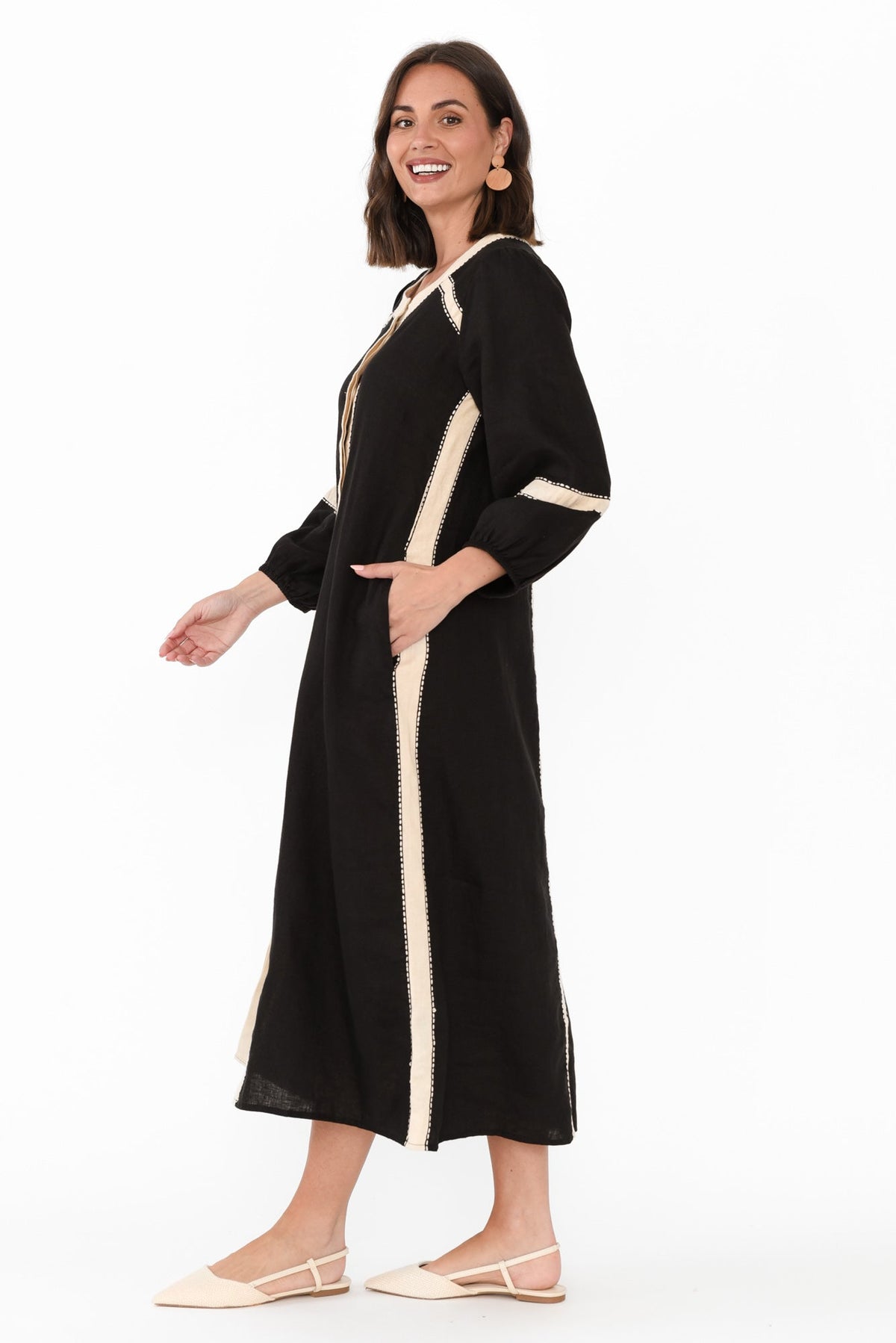 Carolina Black Contrast Linen Tie Dress Back View