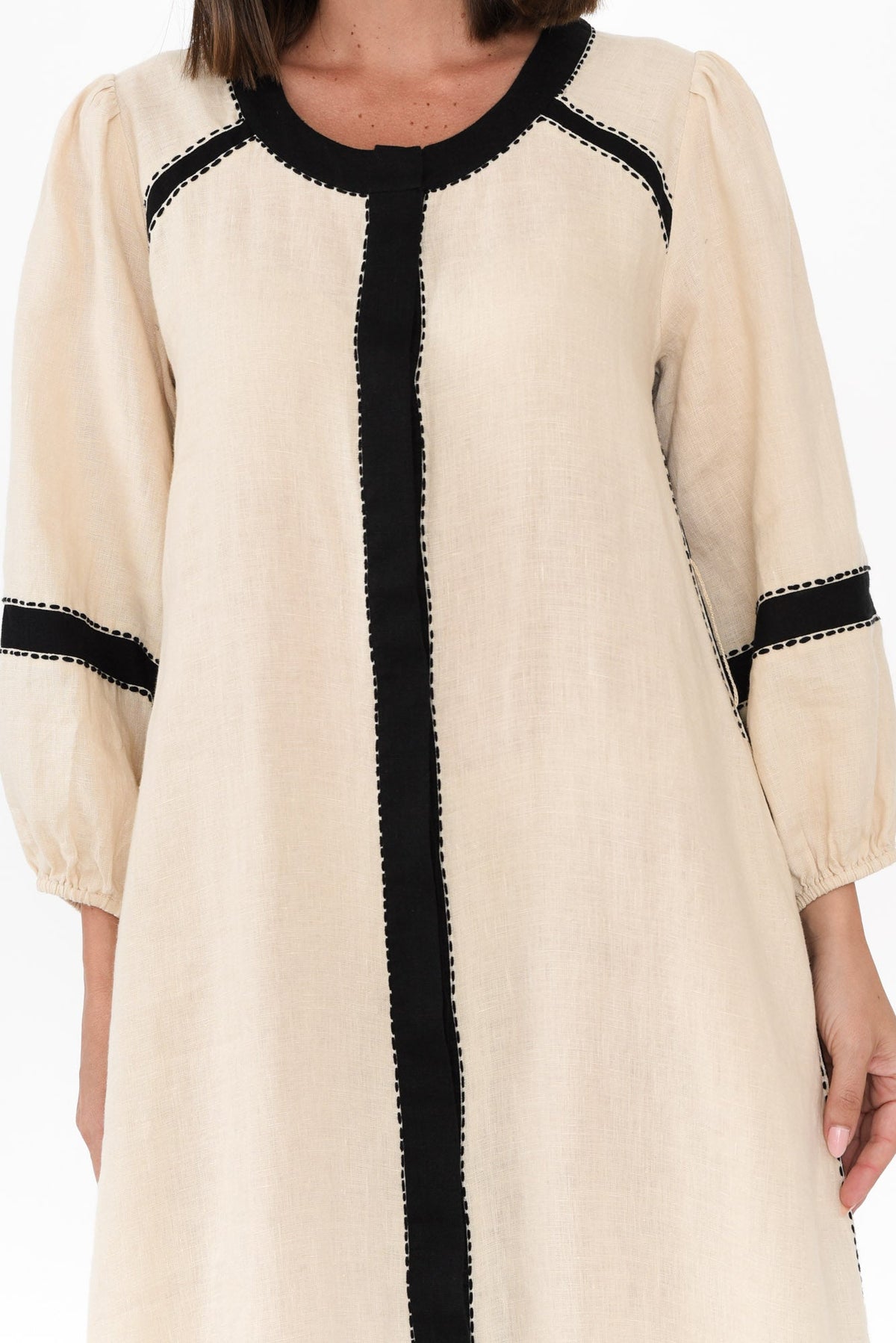 Carolina Cream Contrast Linen Tie Dress Detail View