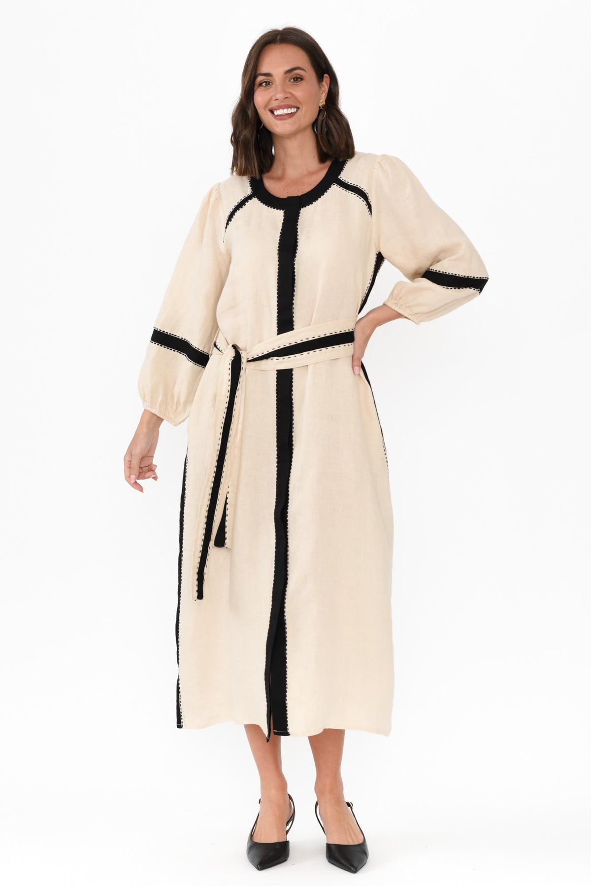 Carolina Cream Contrast Linen Tie Dress Front View