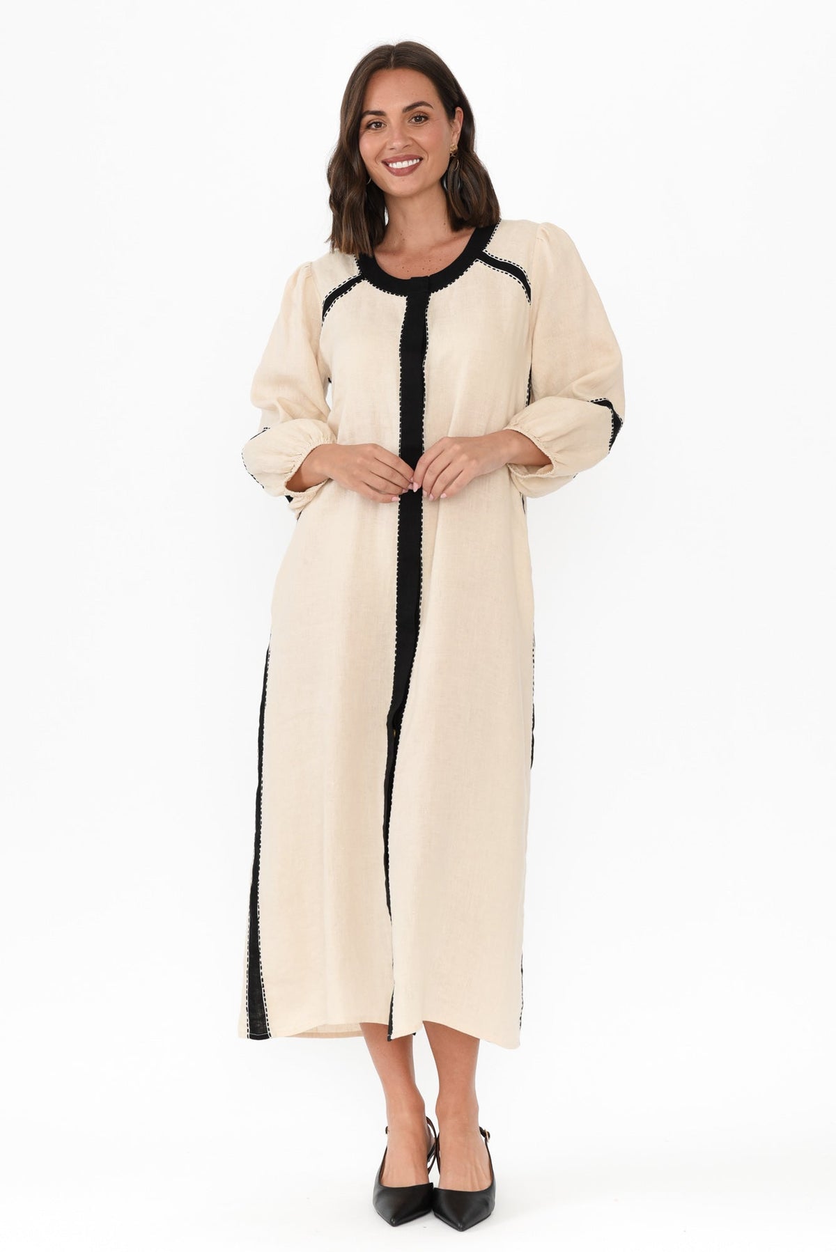 Carolina Cream Contrast Linen Tie Dress Full Length View
