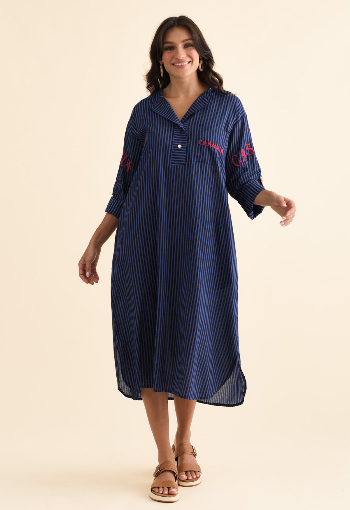 Casa Blue Stripe Cotton Dress Front View 2