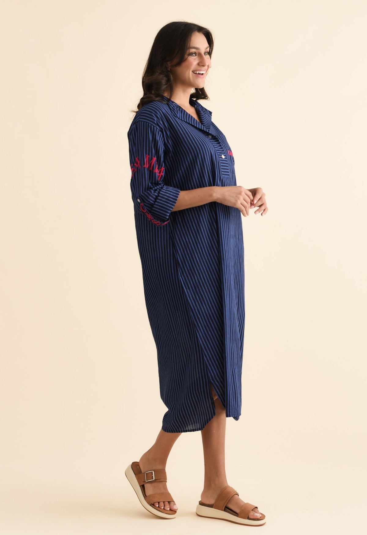 Casa Blue Stripe Cotton Dress Back View