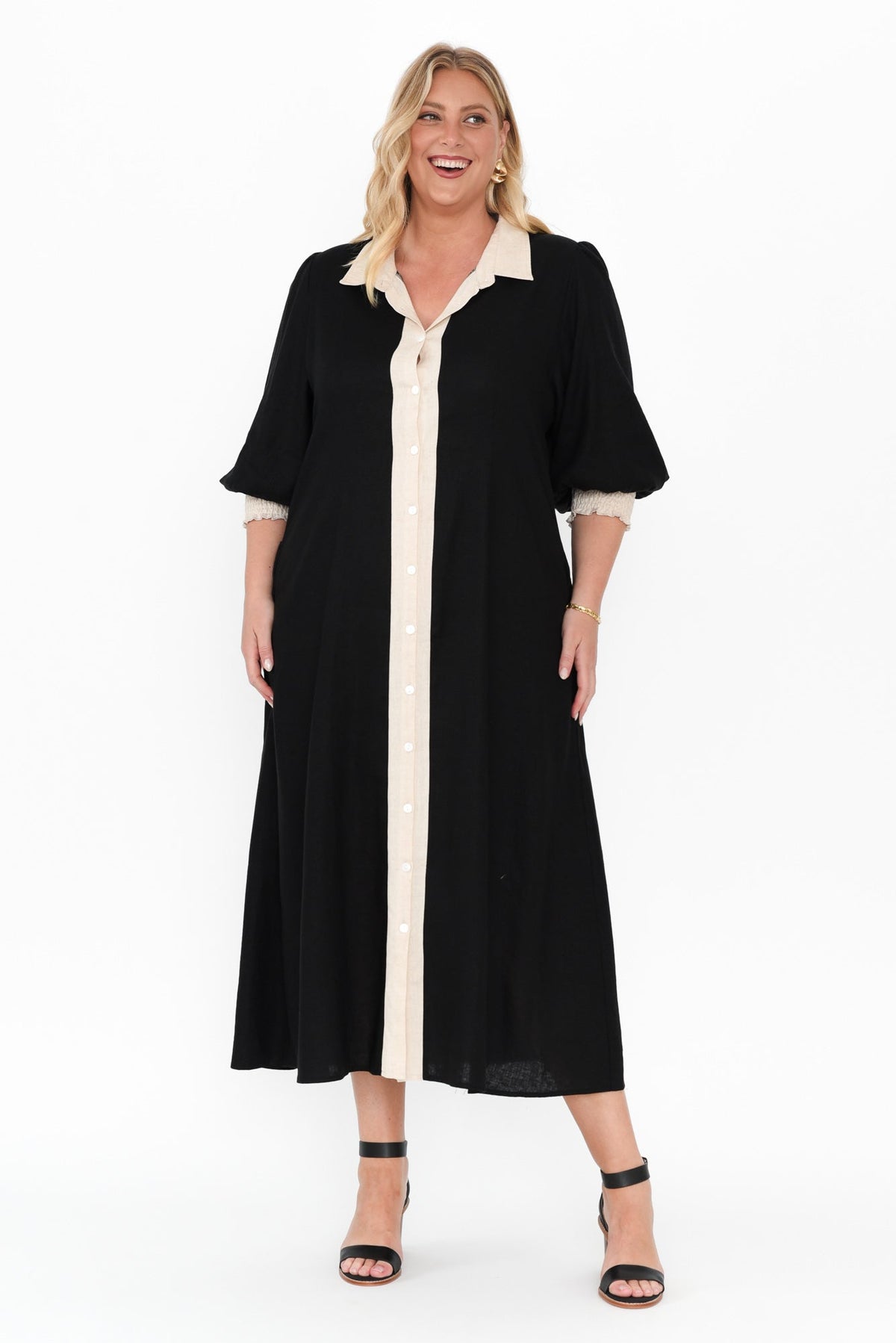 Catalina Black Trim Linen Blend Tie Dress Full Length View 2