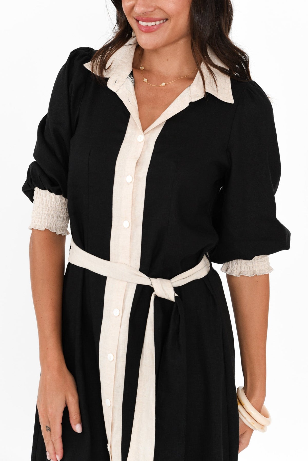 Catalina Black Trim Linen Blend Tie Dress Full Length View