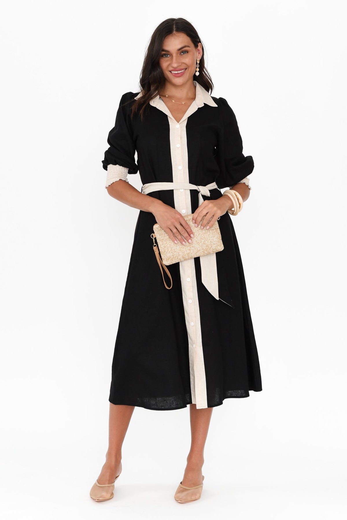 Catalina Black Trim Linen Blend Tie Dress Front View