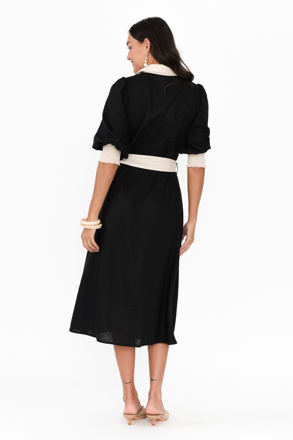 Catalina Black Trim Linen Blend Tie Dress Detail View