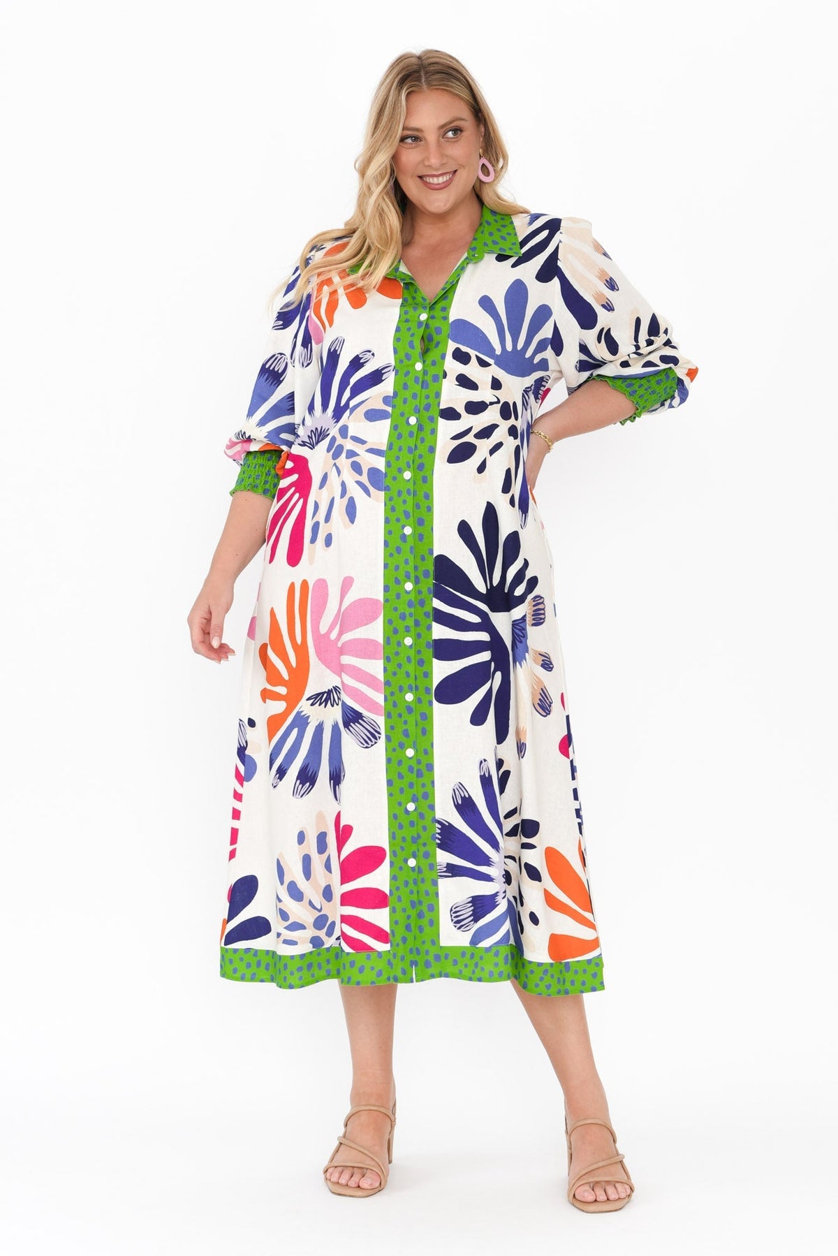 Catalina Cream Abstract Linen Blend Tie Dress Full Length View 2