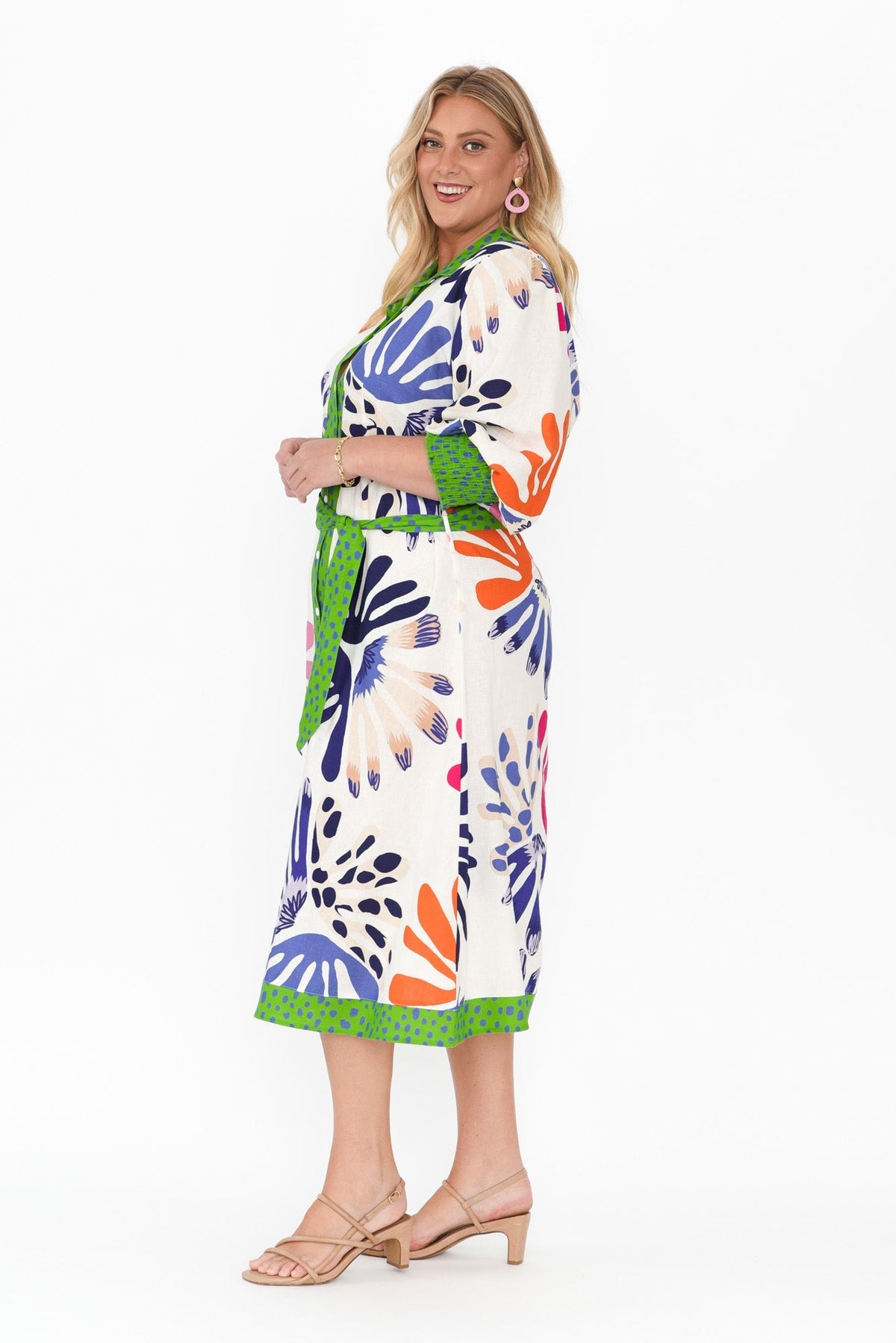 Catalina Cream Abstract Linen Blend Tie Dress Detail View 2