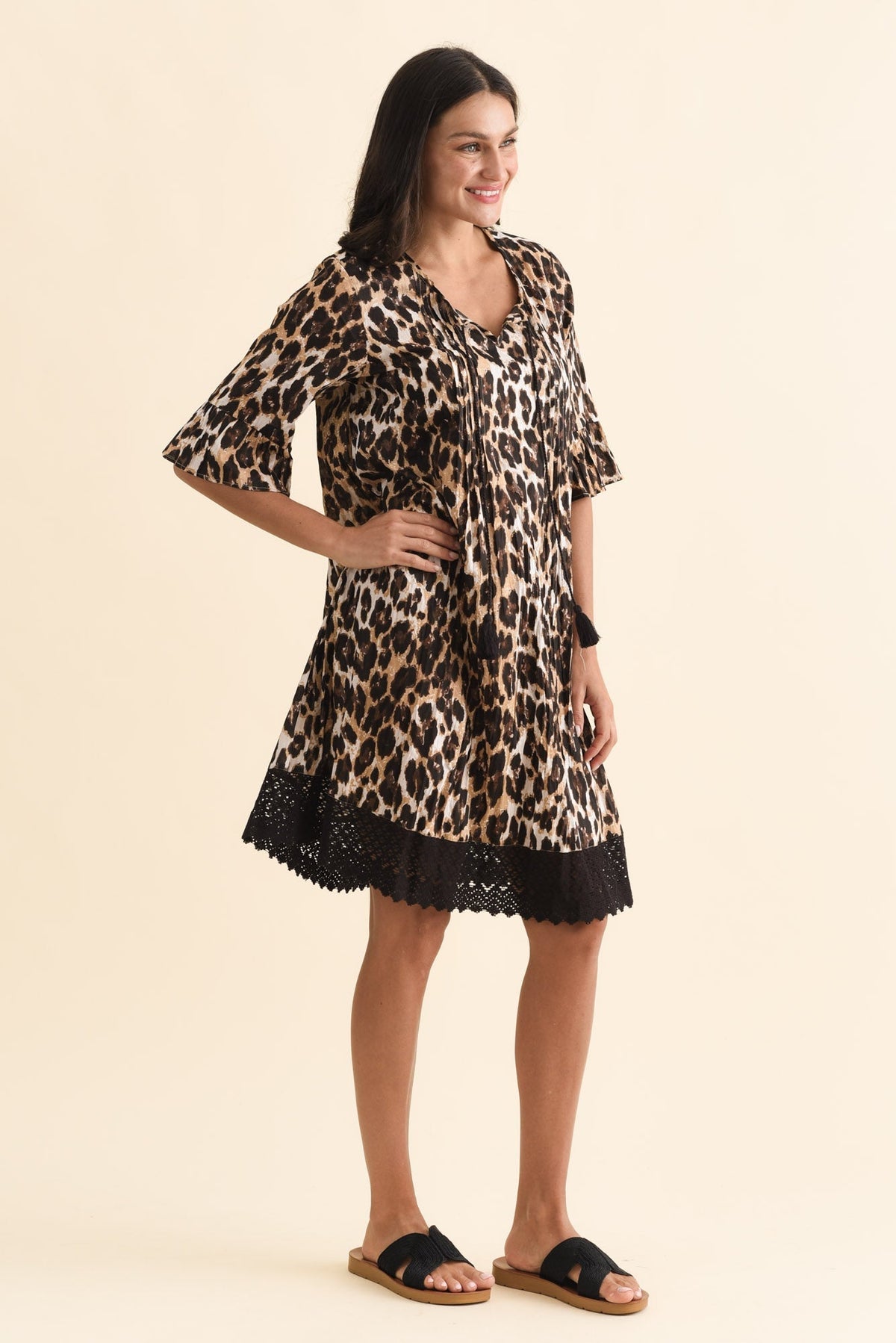 Cayman Brown Leopard Cotton Tunic Dress Back View