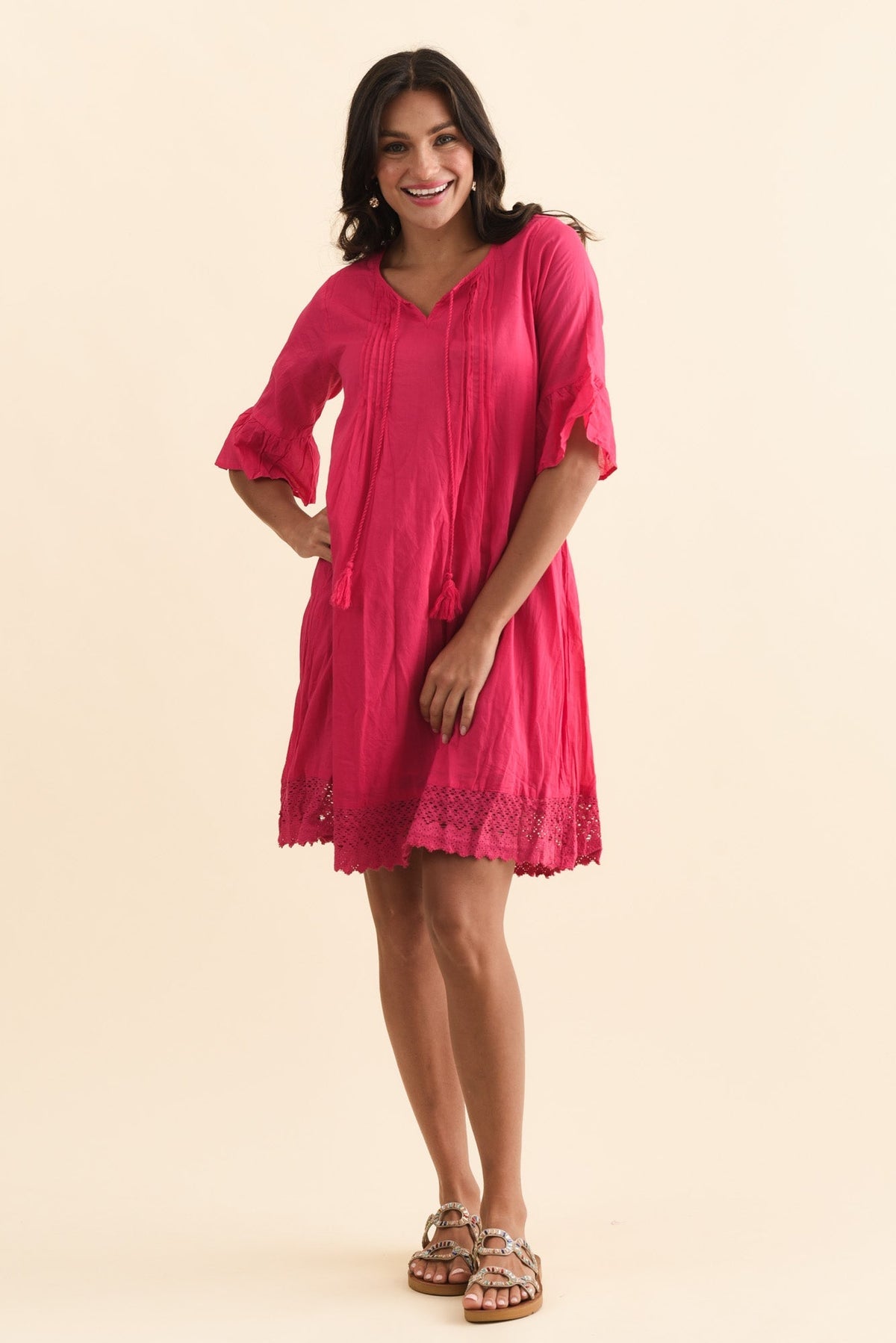 Cayman Fuchsia Cotton Tunic Dress Full Length View