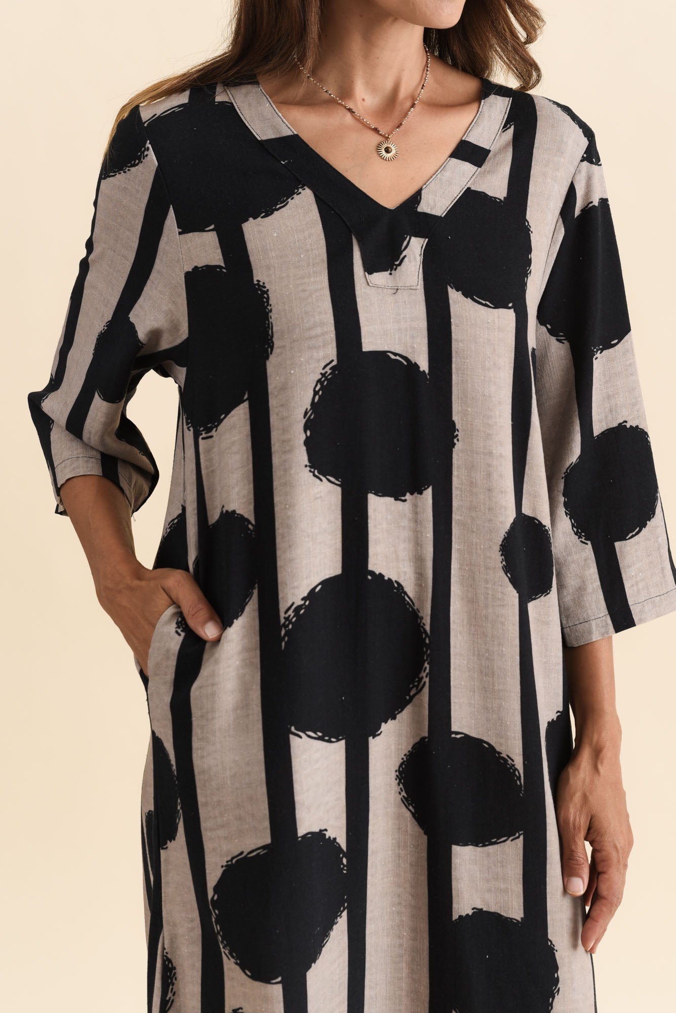 Celine Black Spot Linen Cotton Dress Detail View