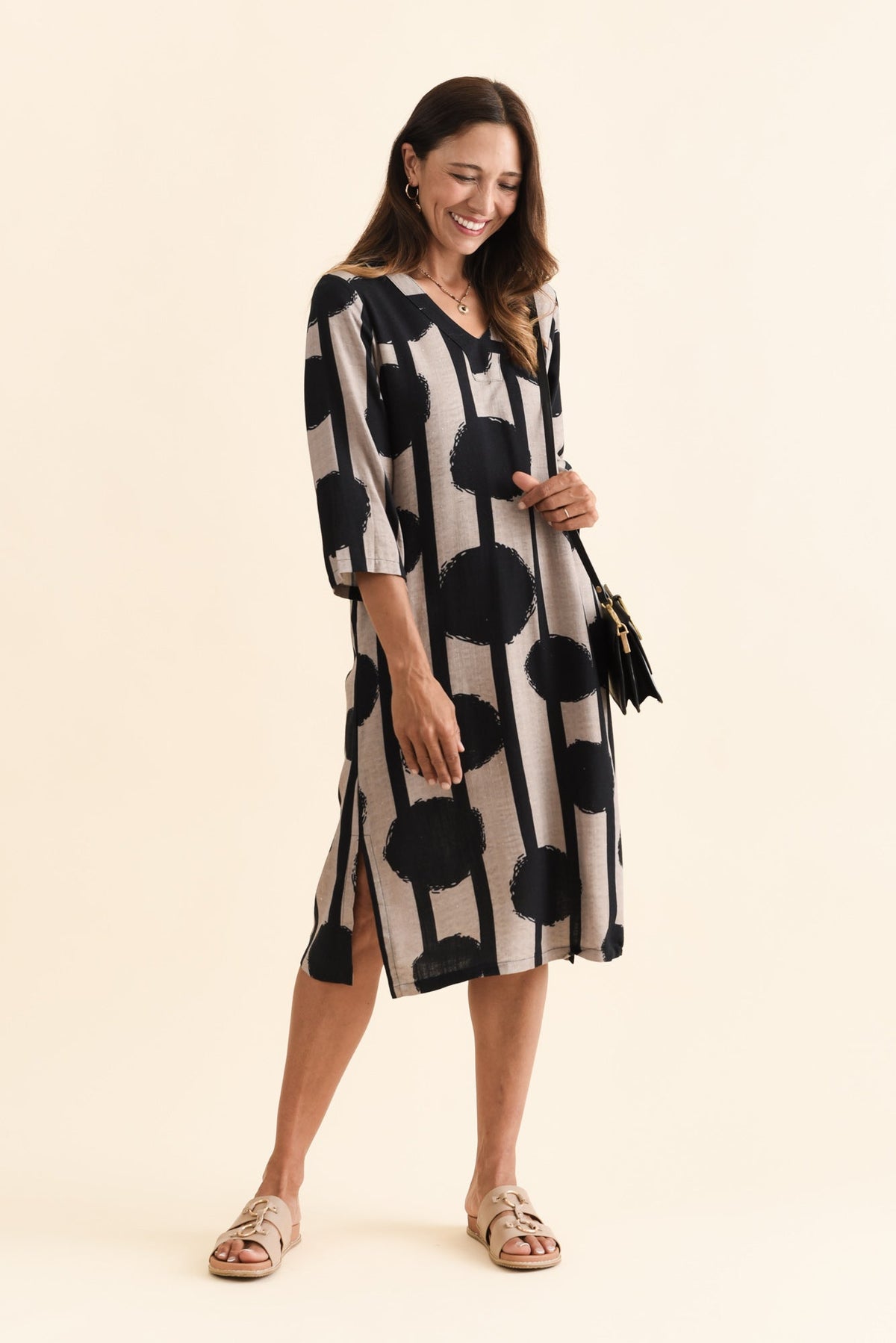 Celine Black Spot Linen Cotton Dress Full Length View