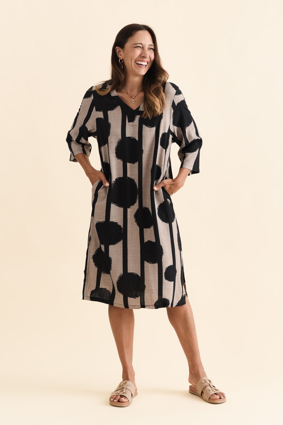 Celine Black Spot Linen Cotton Dress Front View