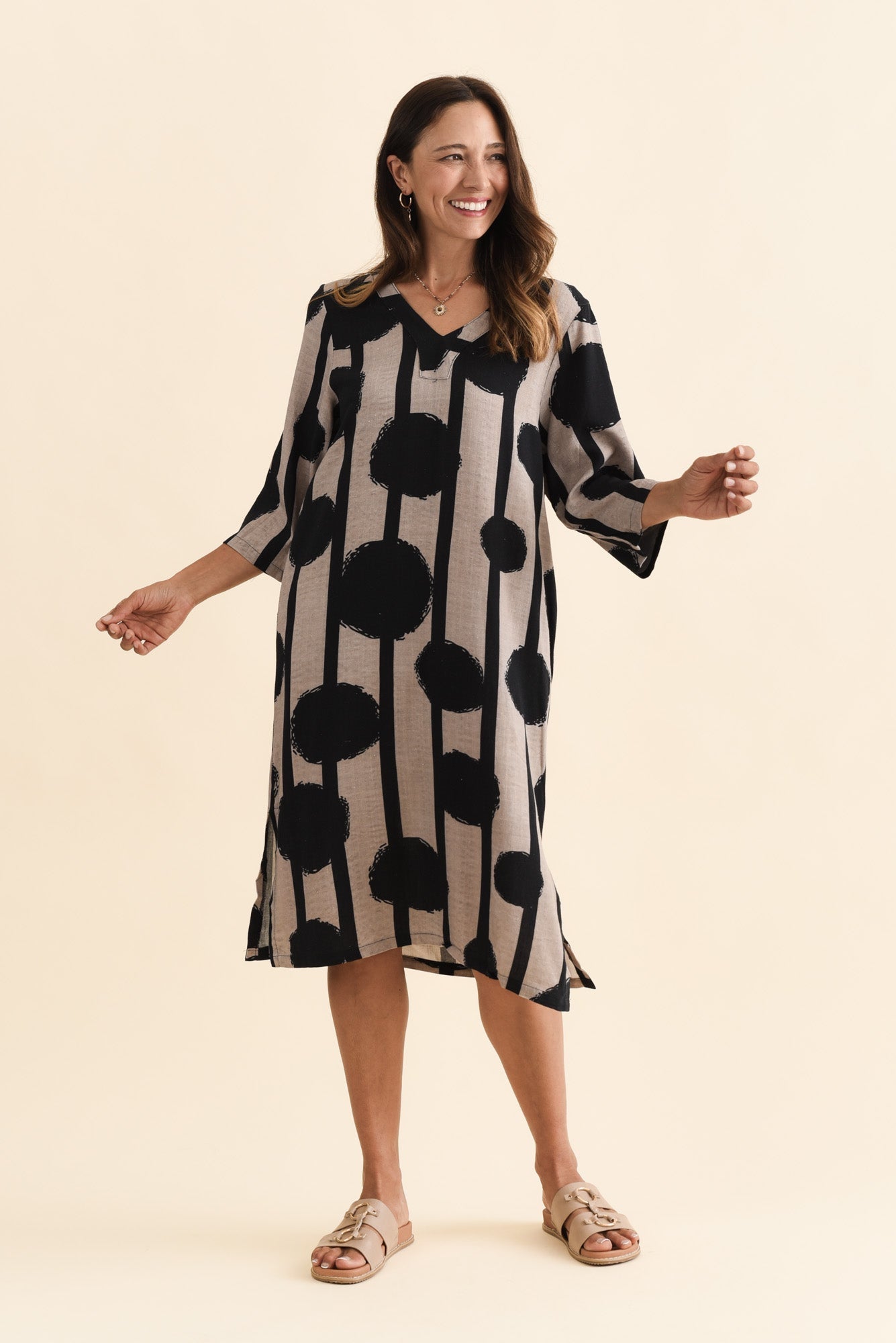 Celine Black Spot Linen Cotton Dress Front View 2
