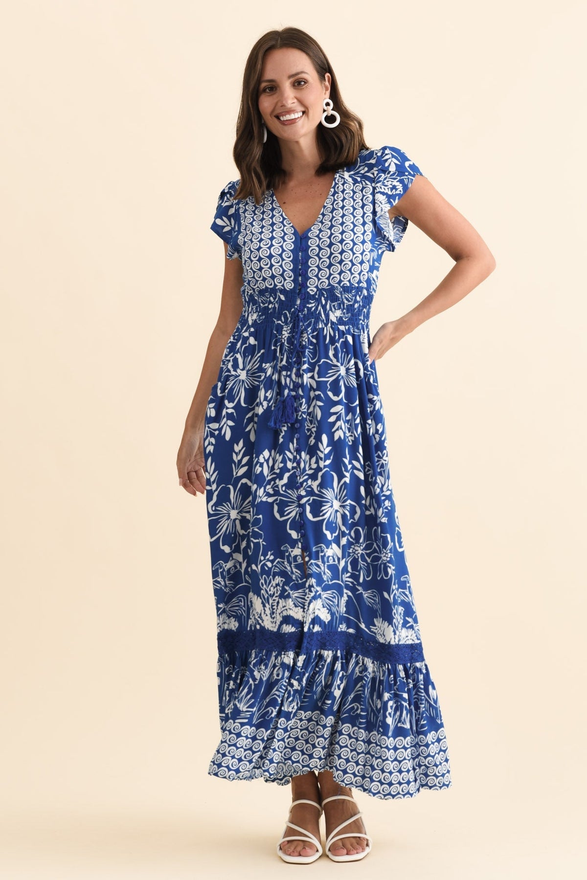 Chappelle Blue Floral Button Dress Full Length View
