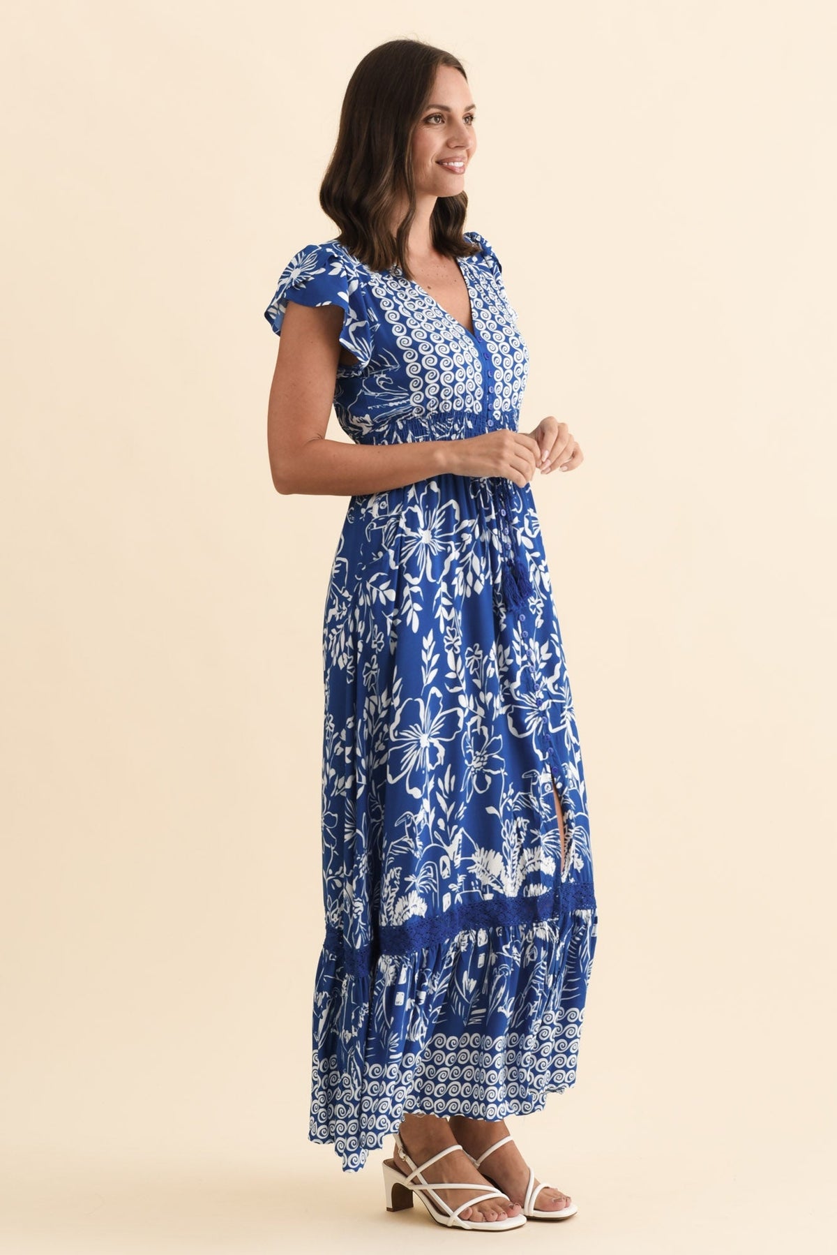 Chappelle Blue Floral Button Dress Back View